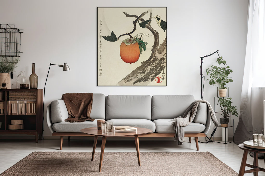 Akoestisch schilderij met Kaki & sprinkhaan stilleven