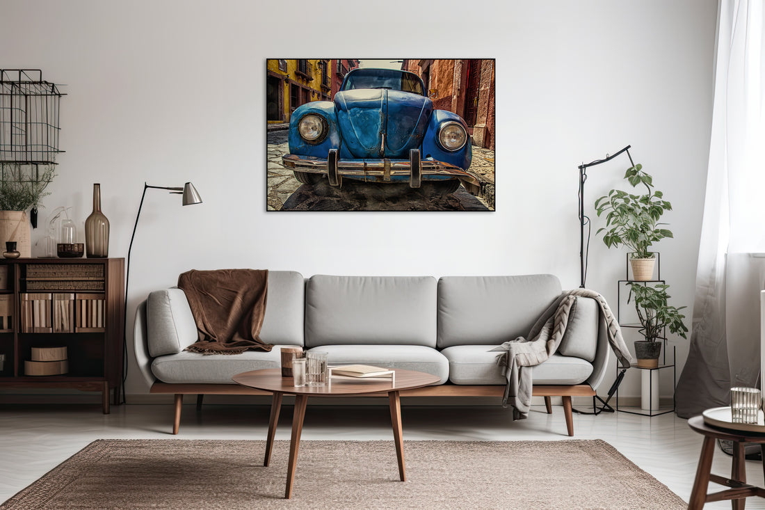 Akoestisch schilderij met Roestige Volkswagen Kever - Blockbuster de San Miguel