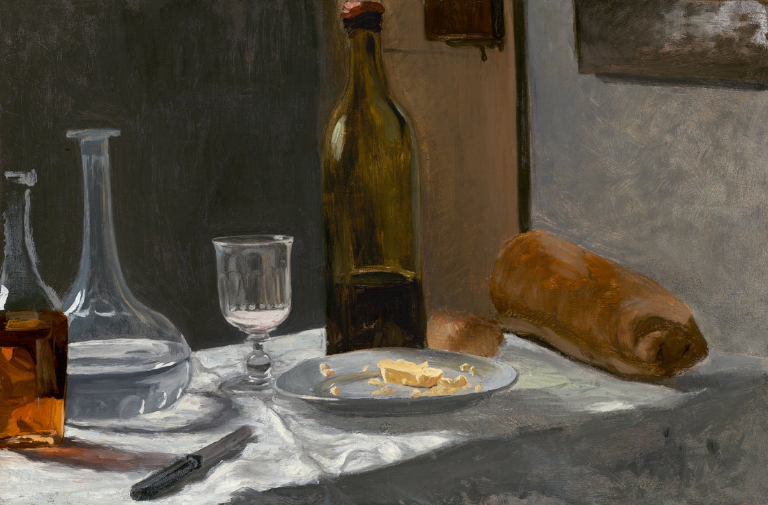 Akoestisch schilderij met Stilleven met Fles, Karaf, Brood en Wijn