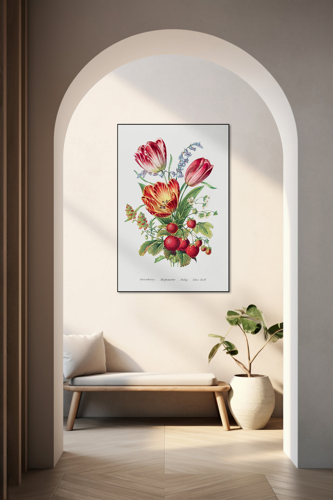 Akoestisch schilderij met Aardbei, Reseda, Tulp en Blauwe Klokjes - Bloementaal