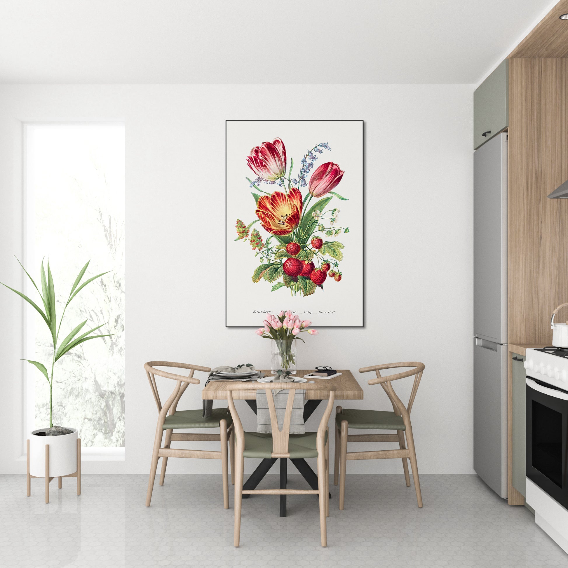Akoestisch schilderij met Aardbei, Reseda, Tulp en Blauwe Klokjes - Bloementaal - Keuken