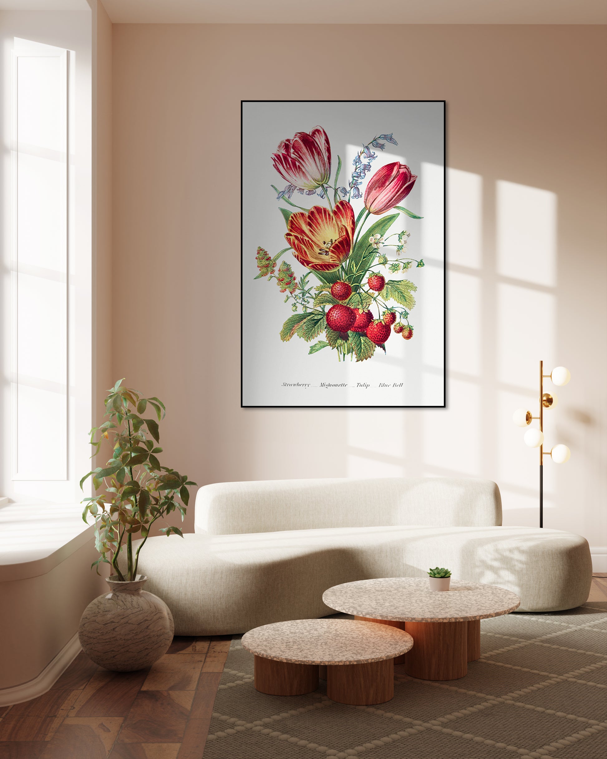 Akoestisch schilderij met Aardbei, Reseda, Tulp en Blauwe Klokjes - Bloementaal - Woonkamer 2