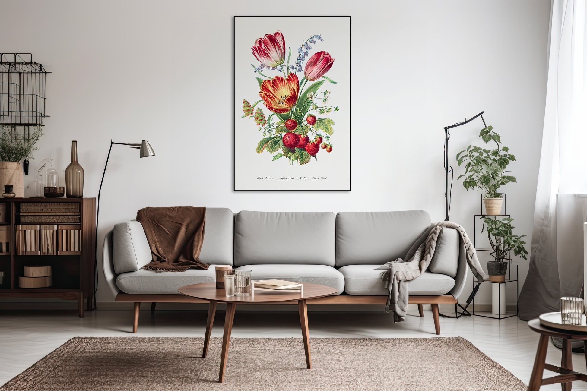 Akoestisch schilderij met Aardbei, Reseda, Tulp en Blauwe Klokjes - Bloementaal - Woonkamer 3