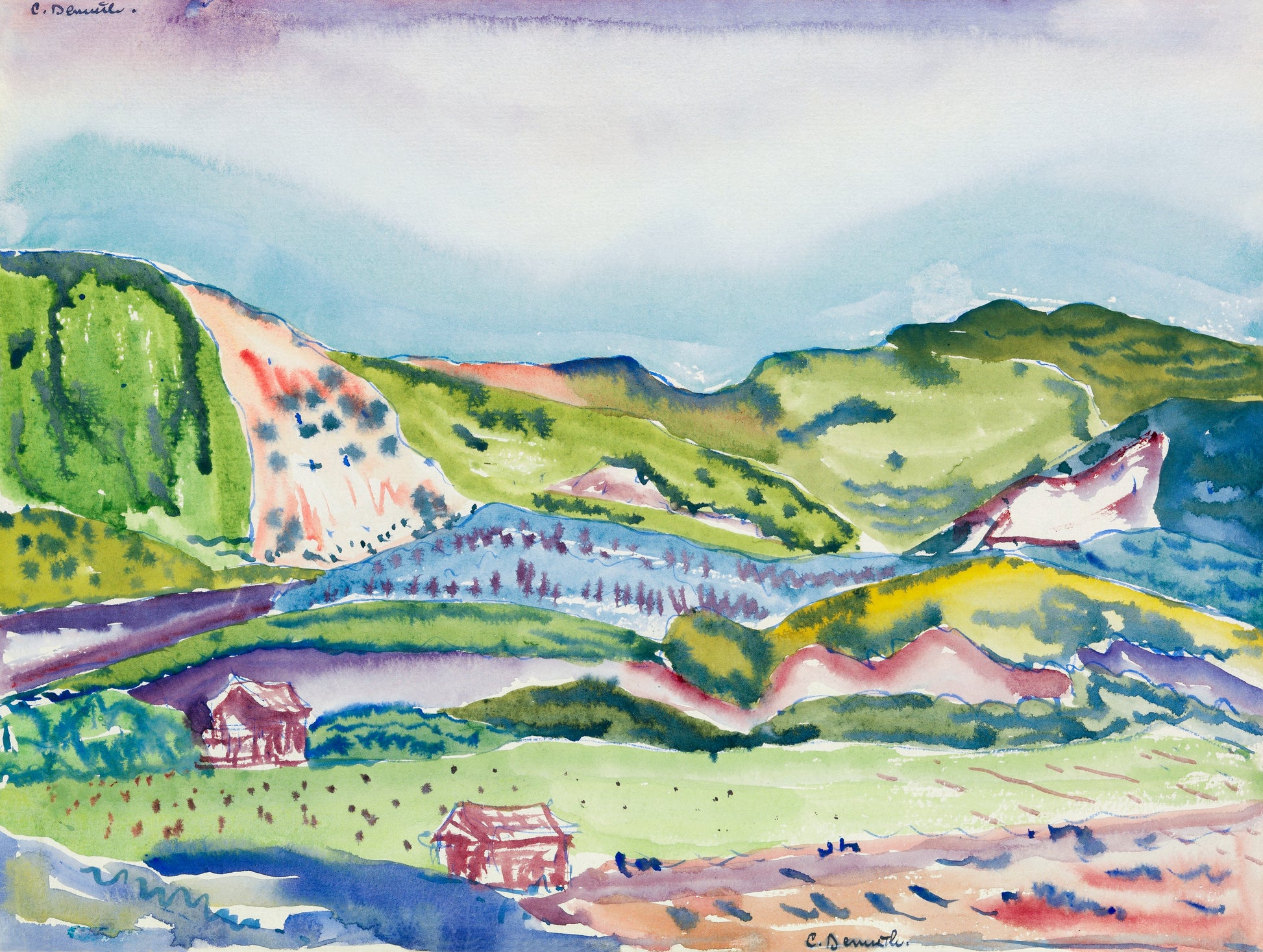 Akoestisch schilderij met Berglandschap met rood huisje