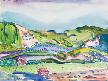 Akoestisch schilderij met Berglandschap met rood huisje