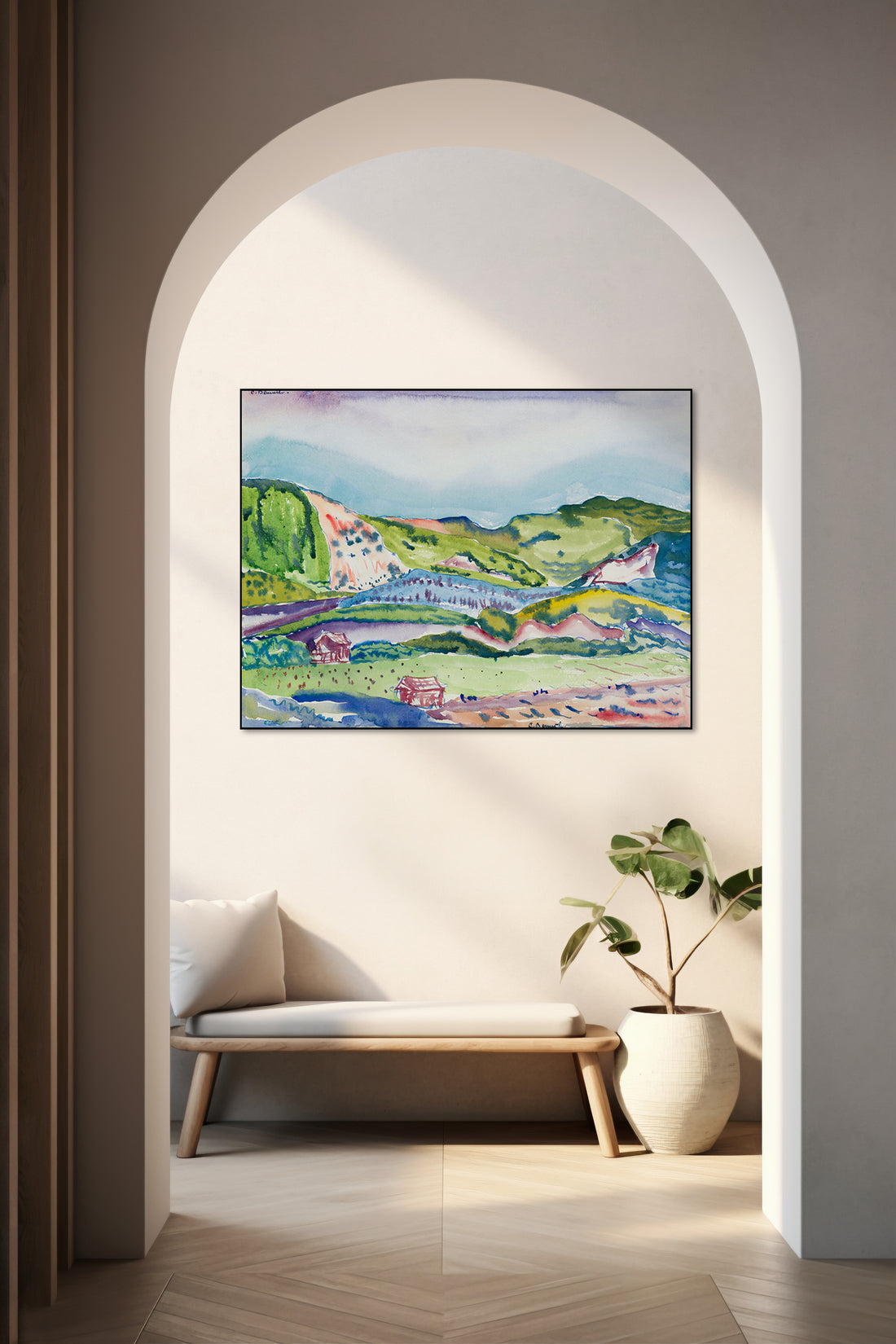 Akoestisch schilderij met Berglandschap met rood huisje
