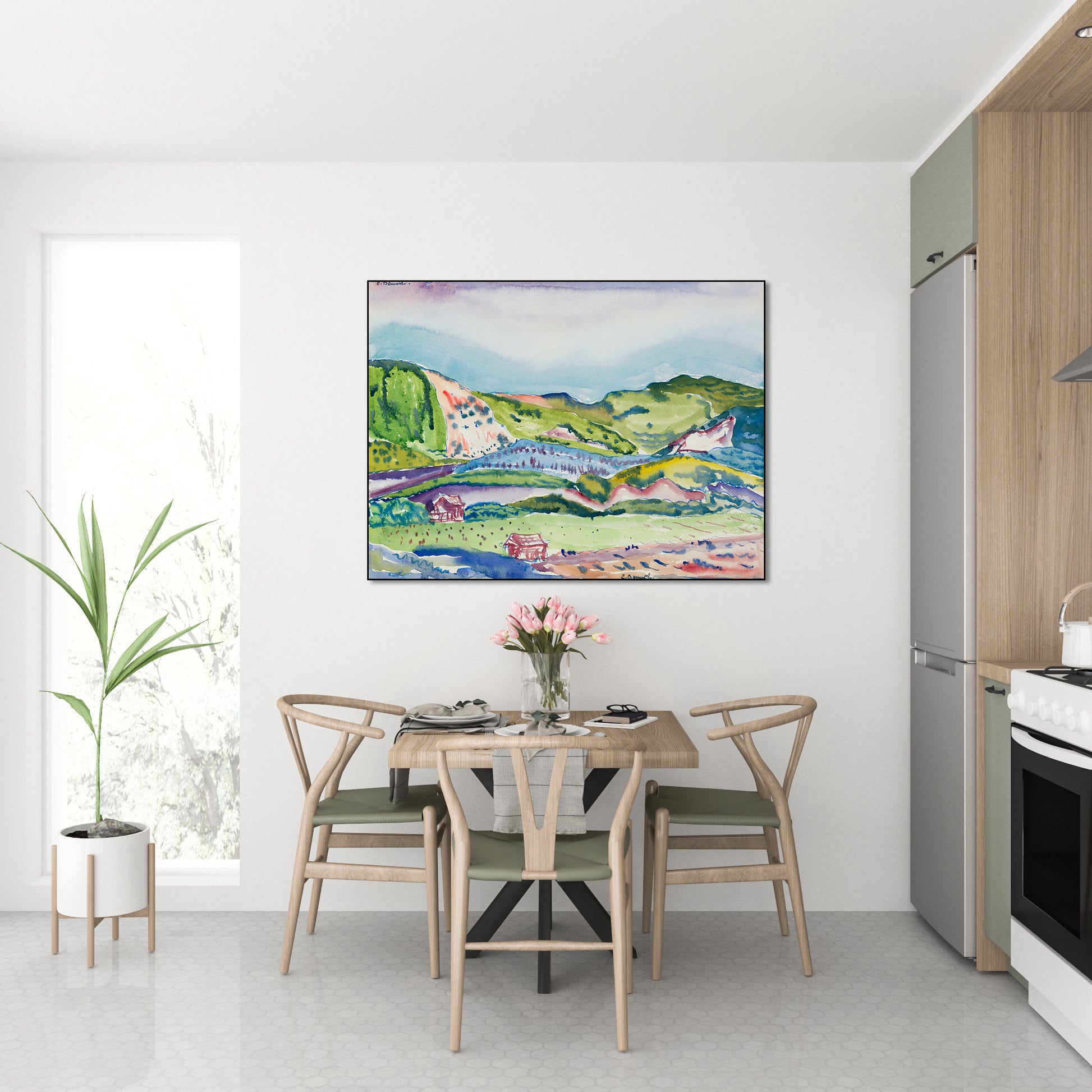 Akoestisch schilderij met Berglandschap met rood huisje - Keuken
