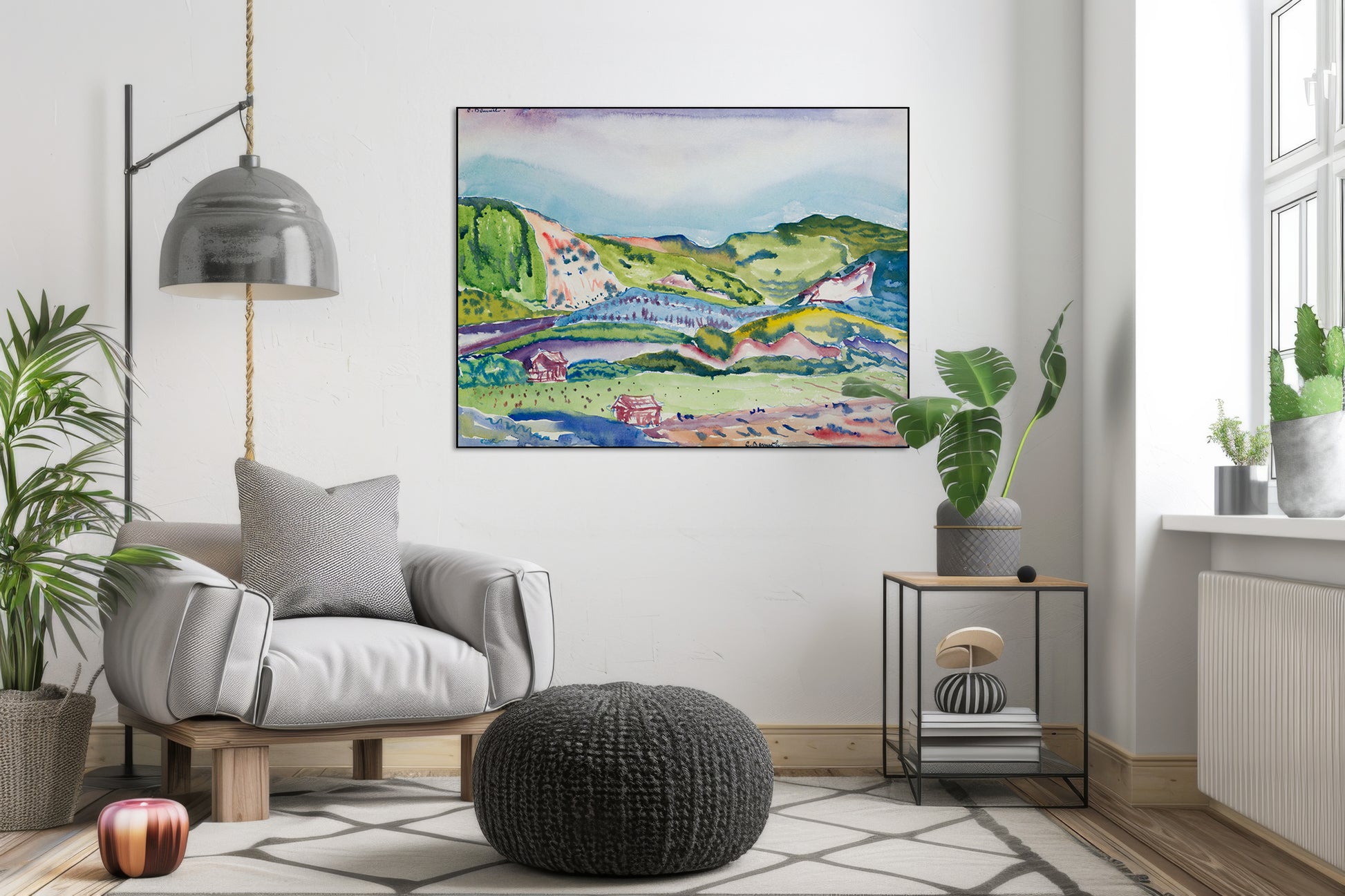Akoestisch schilderij met Berglandschap met rood huisje - Woonkamer