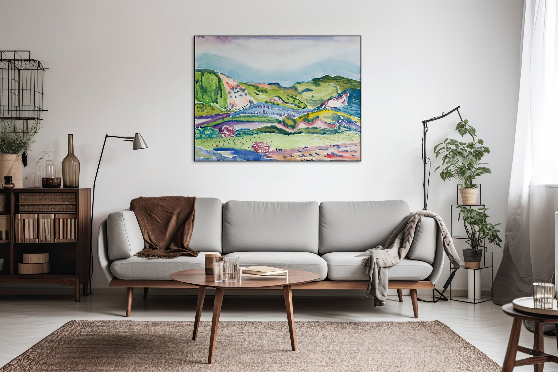 Akoestisch schilderij met Berglandschap met rood huisje - Woonkamer 2