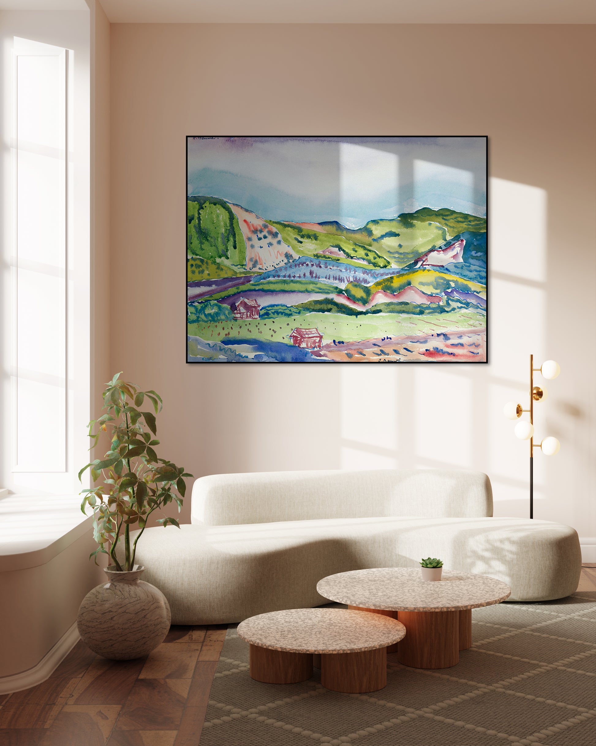 Akoestisch schilderij met Berglandschap met rood huisje - Woonkamer 3