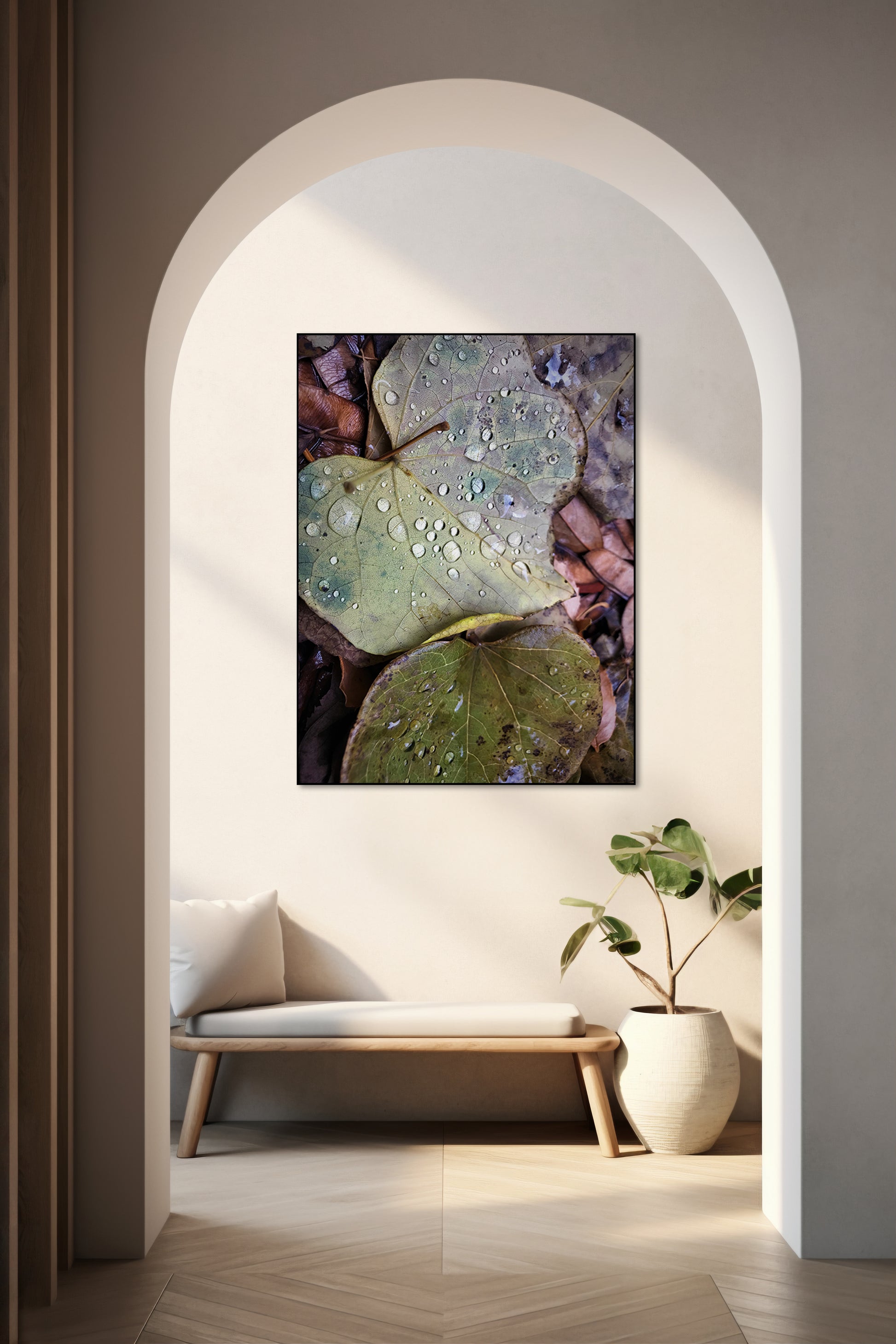 Akoestisch schilderij met Blad met dauw – natuurfotografie - Hal