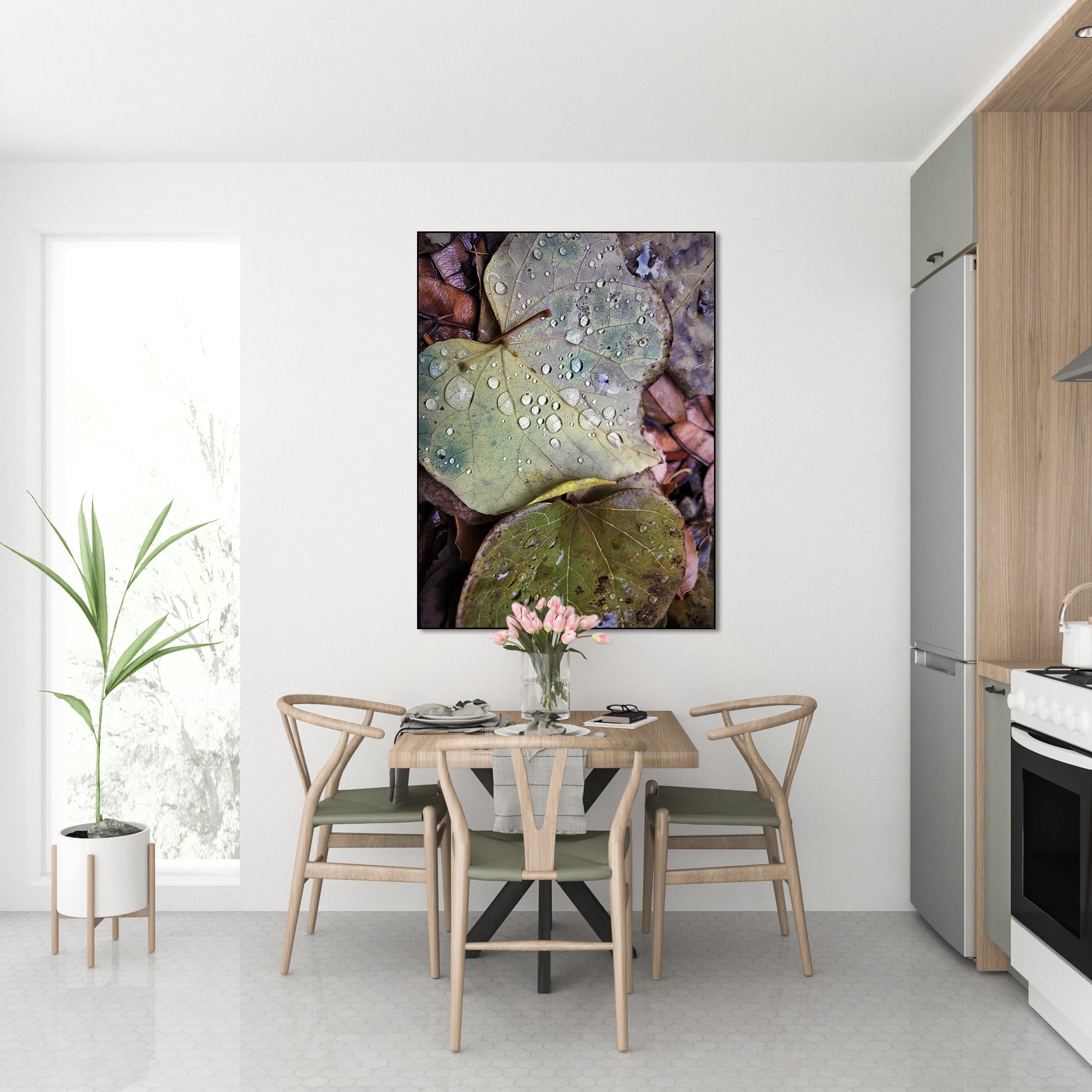 Akoestisch schilderij met Blad met dauw – natuurfotografie - Keuken