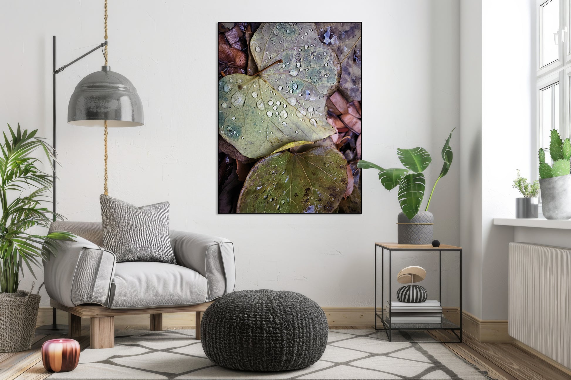 Akoestisch schilderij met Blad met dauw – natuurfotografie - Woonkamer