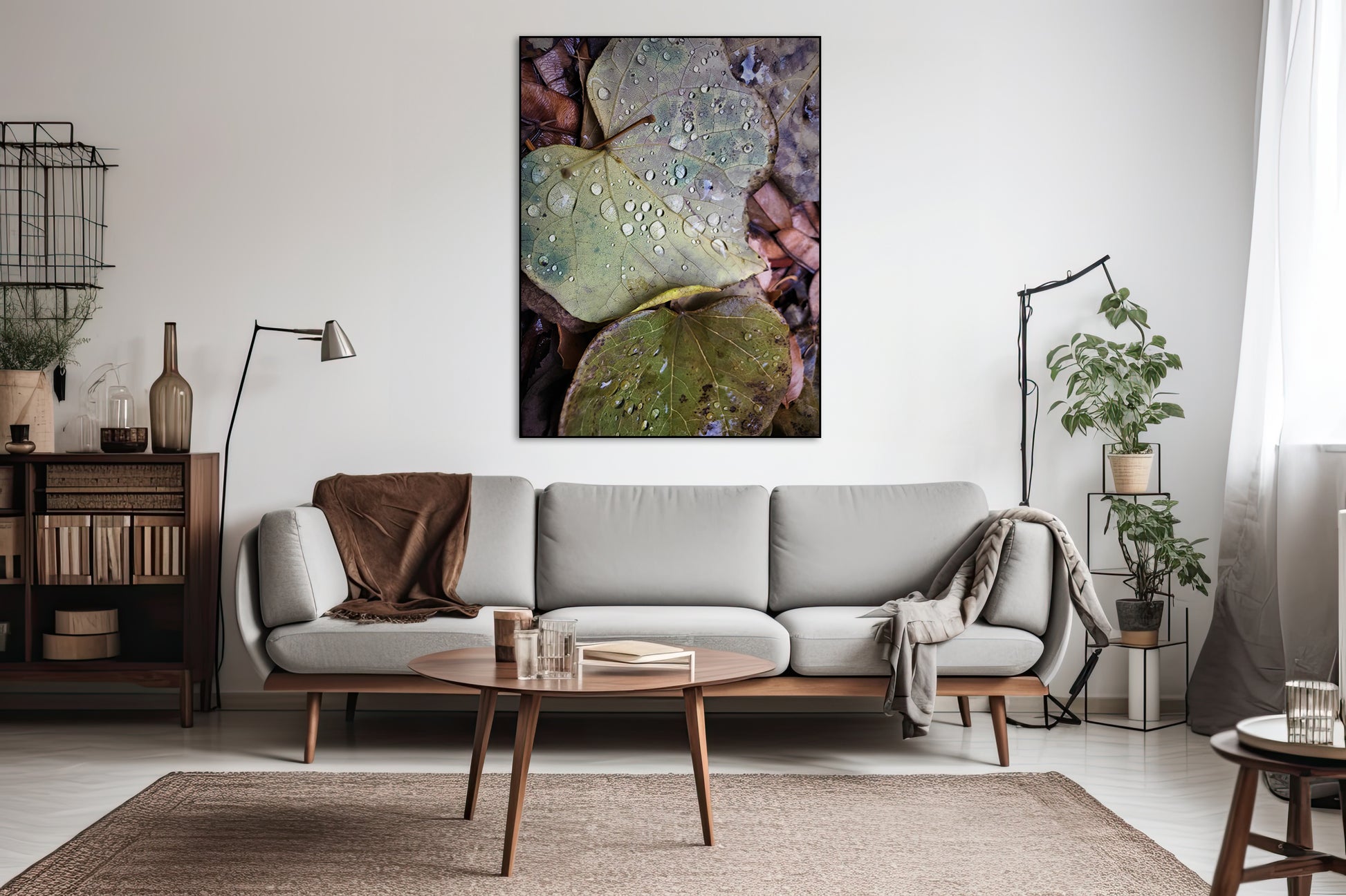 Akoestisch schilderij met Blad met dauw – natuurfotografie - Woonkamer 2