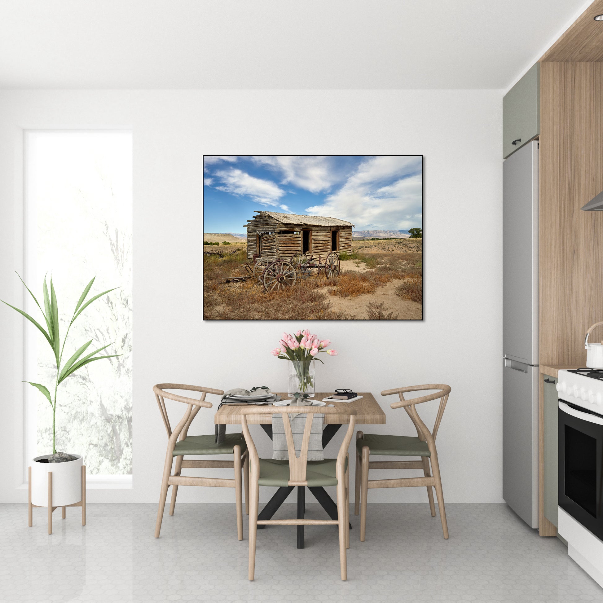 Akoestisch schilderij met Blokhut & wagenwielen Wyoming - Keuken