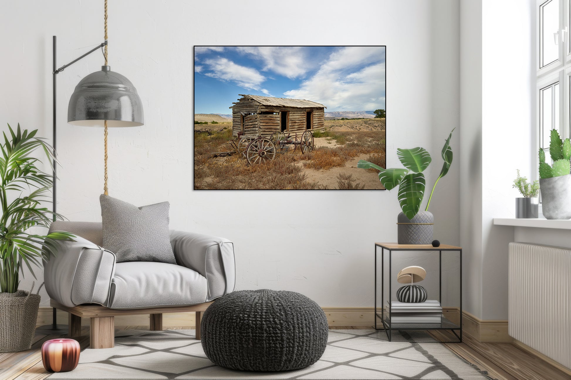 Akoestisch schilderij met Blokhut & wagenwielen Wyoming - Woonkamer