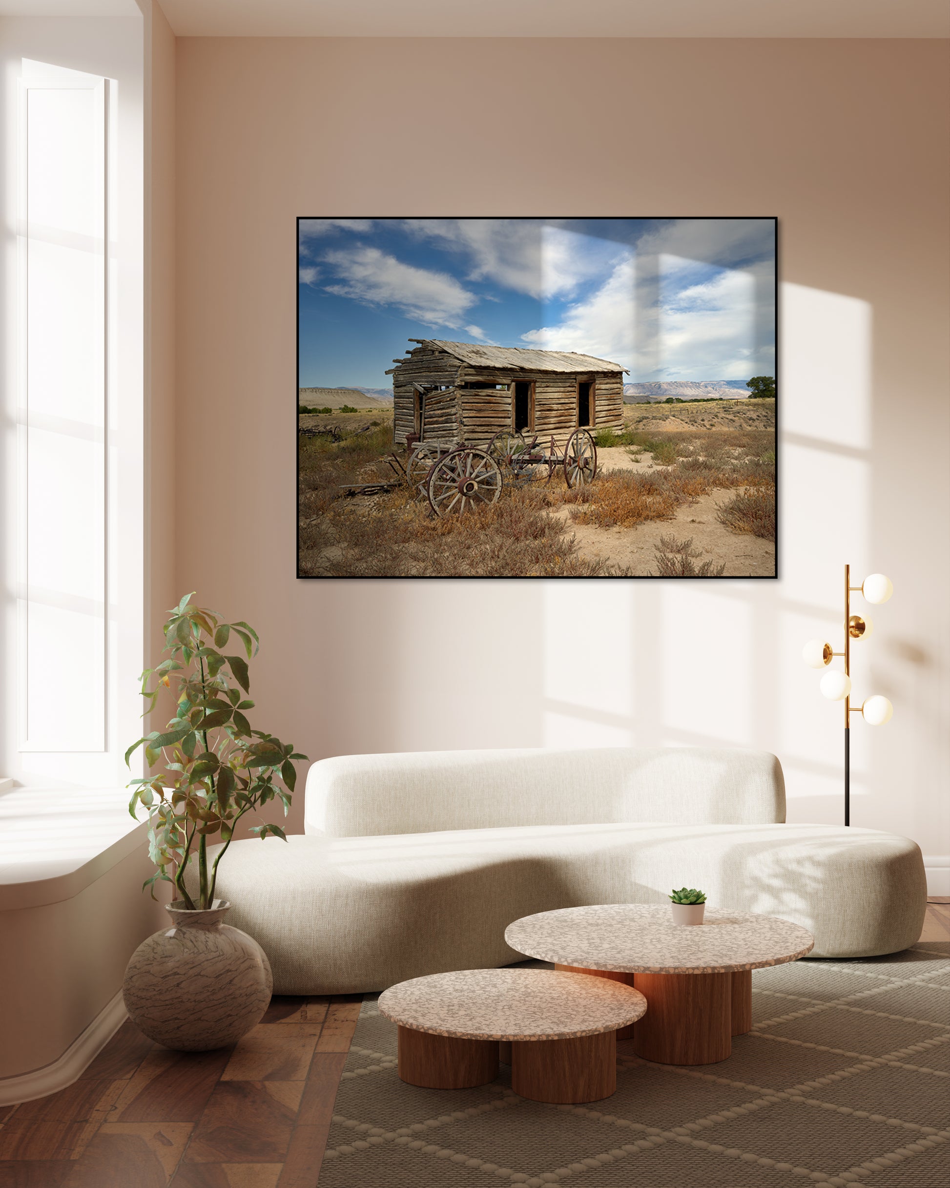 Akoestisch schilderij met Blokhut & wagenwielen Wyoming - Woonkamer 2