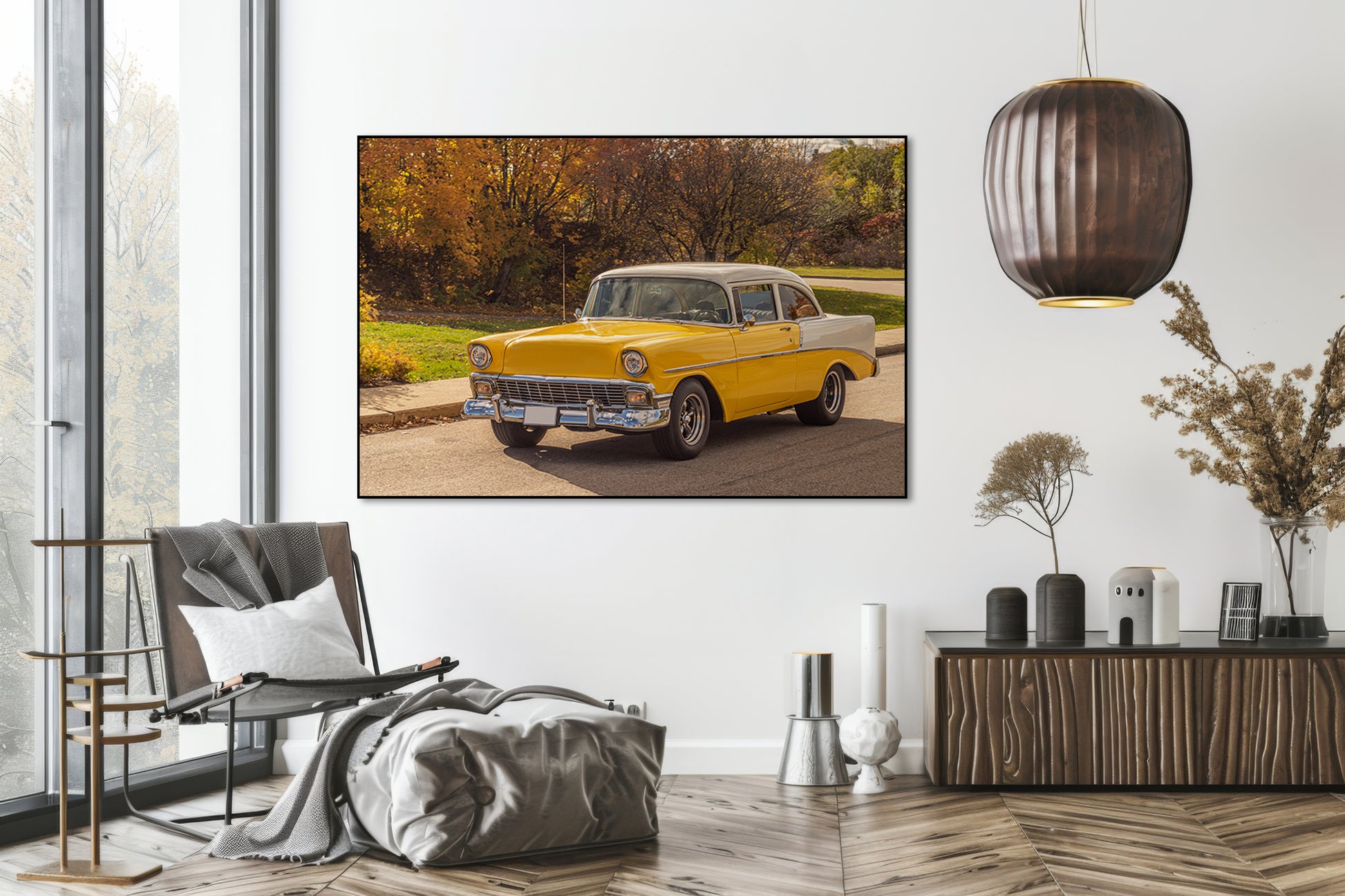 Akoestisch schilderij met Chevrolet in Québec Stad - retro stadsfoto - Woonkamer