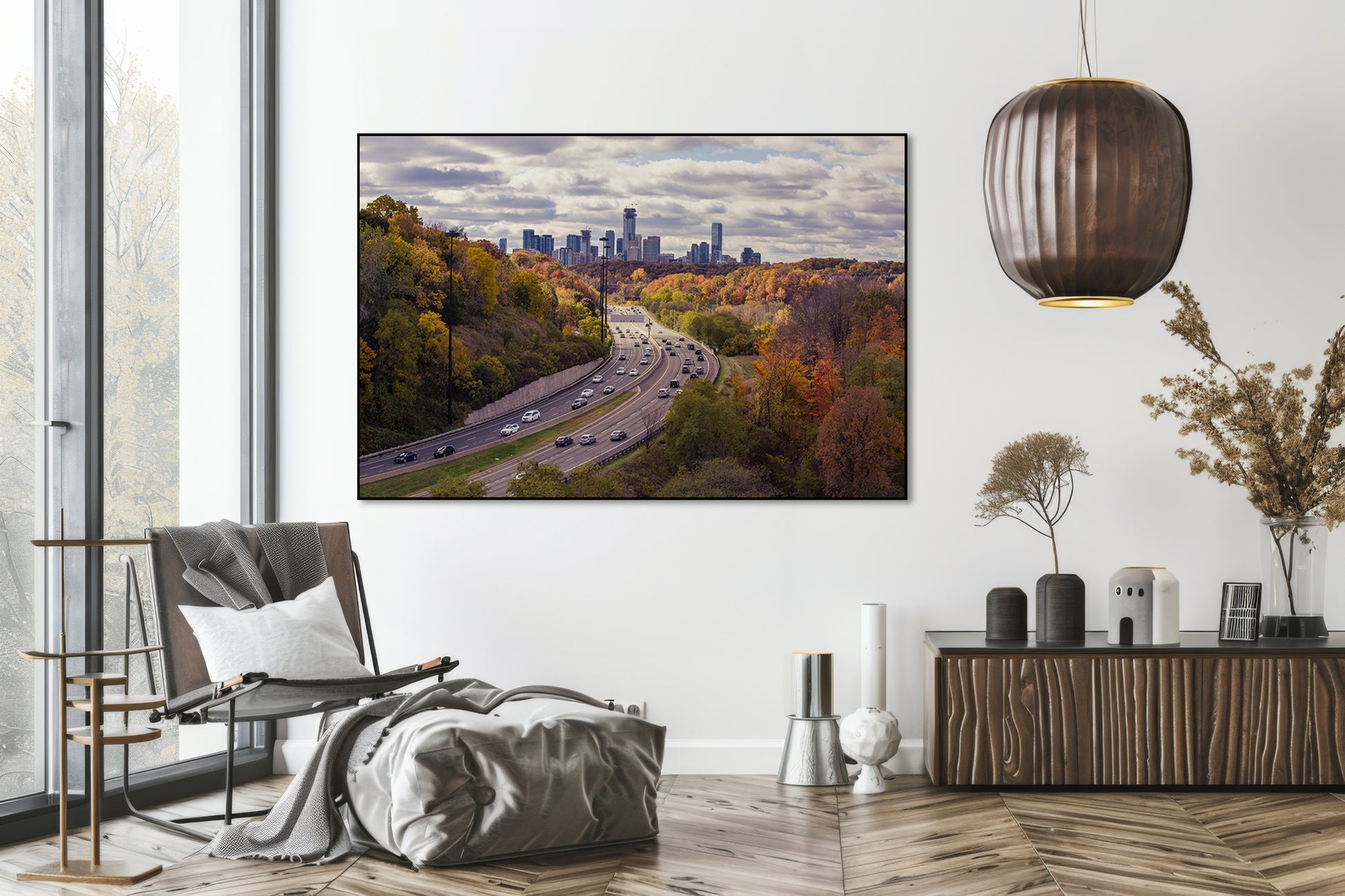 Akoestisch schilderij met Een herfstdag richting de stad - Woonkamer