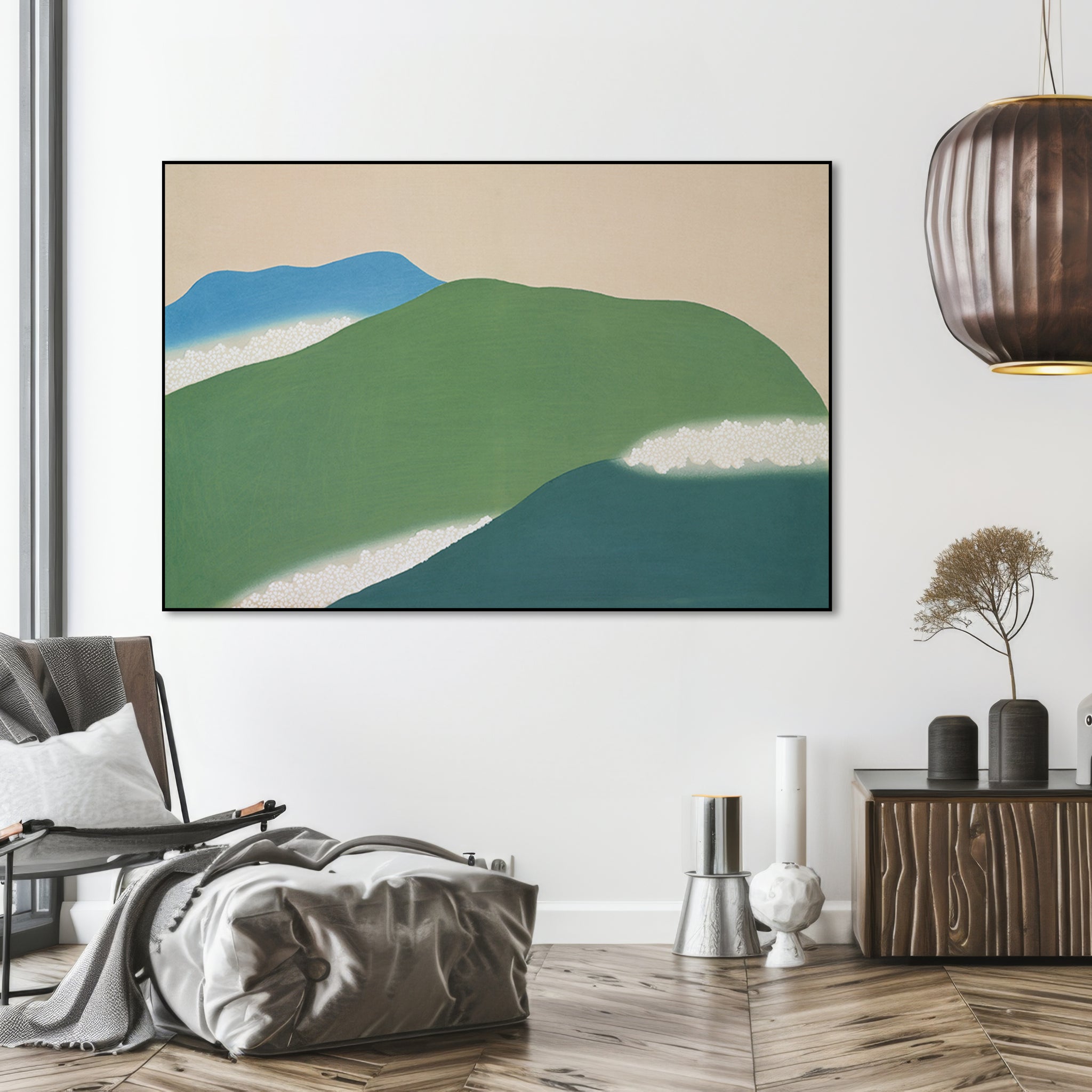 Akoestisch schilderij met Groene bergen – Japanse kunst - Woonkamer