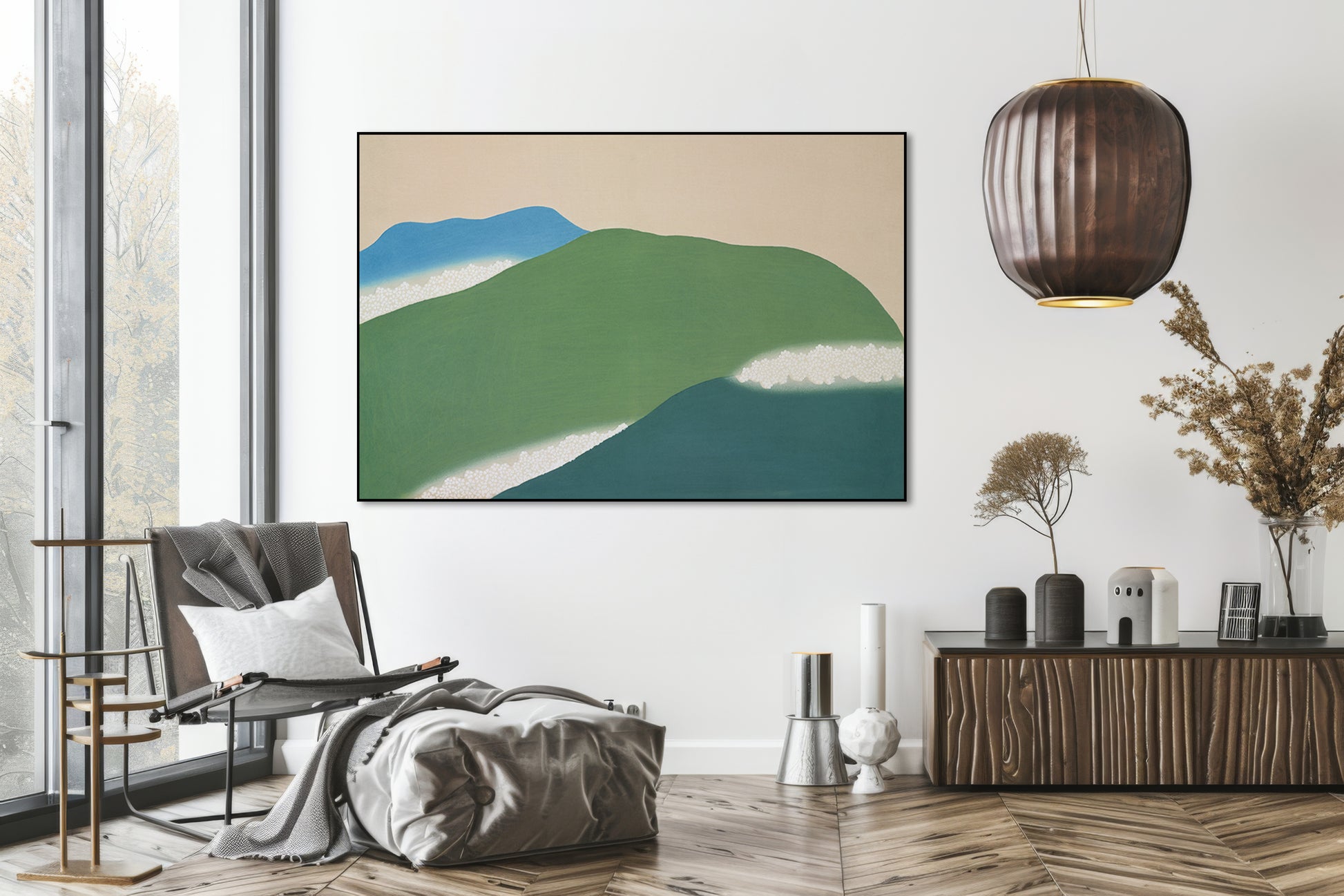 Akoestisch schilderij met Groene bergen – Japanse kunst - Woonkamer