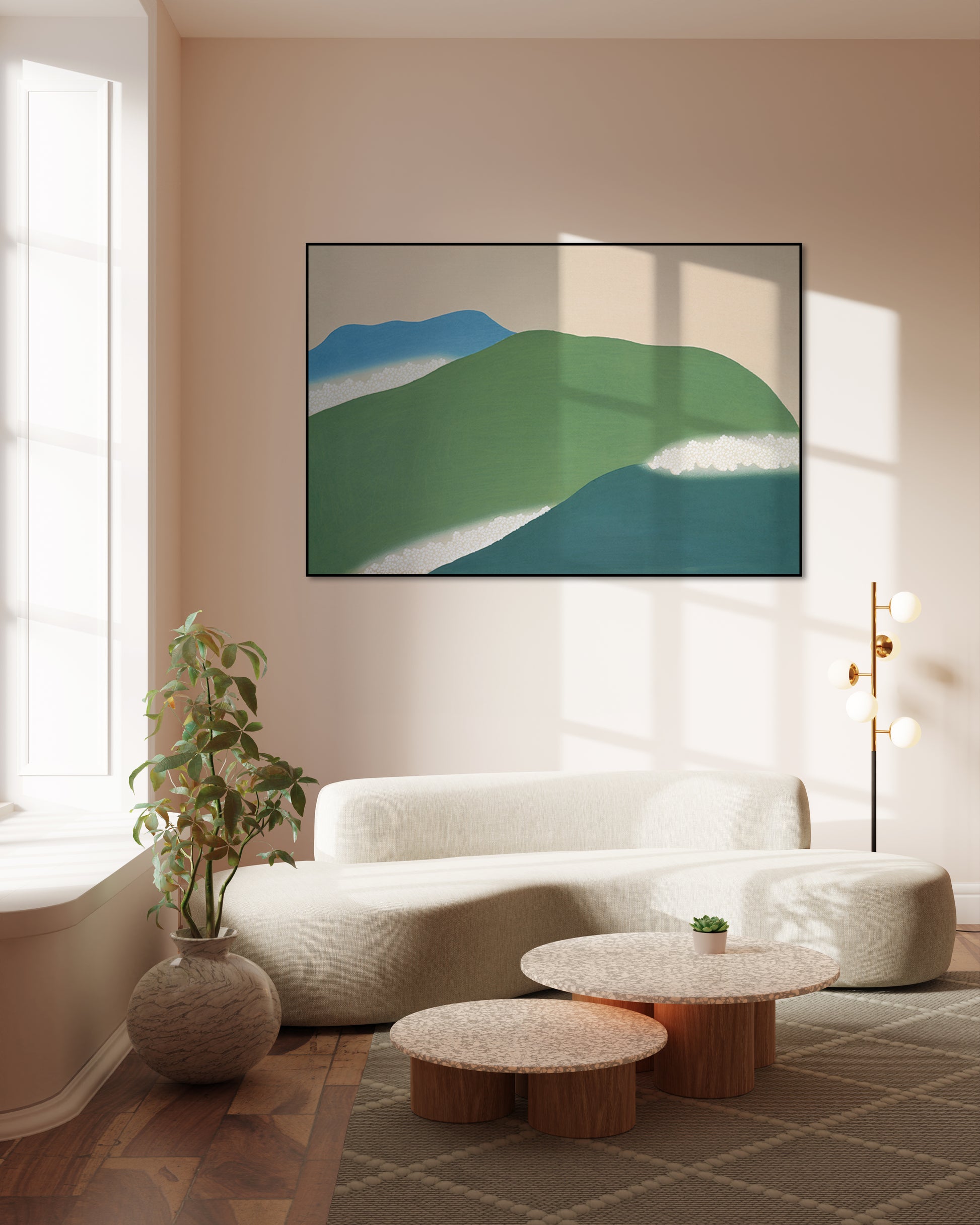 Akoestisch schilderij met Groene bergen – Japanse kunst - Woonkamer 2