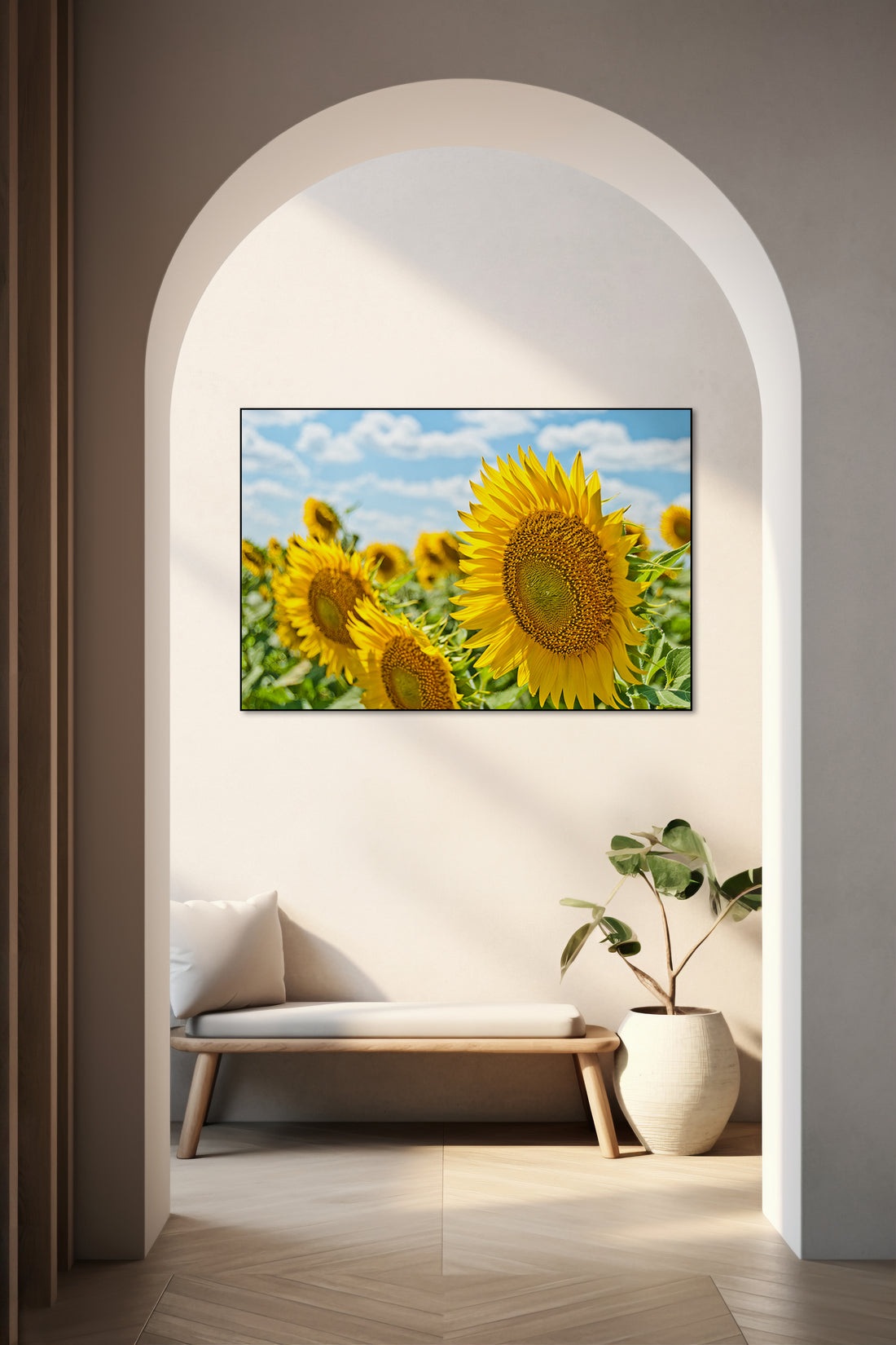 Akoestisch schilderij met Grote zonnebloemen in bloei