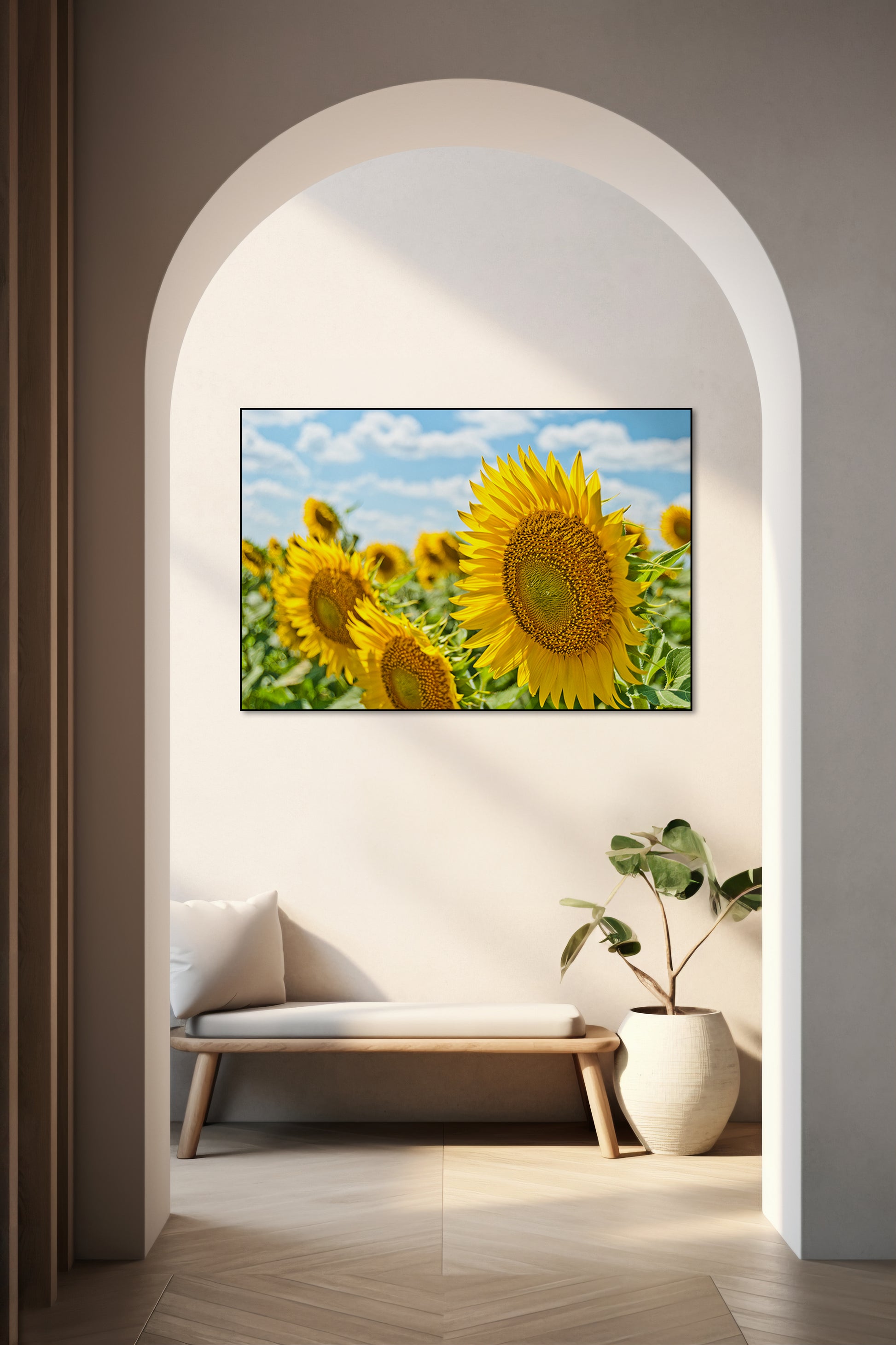 Akoestisch schilderij met Grote zonnebloemen in bloei - Hal