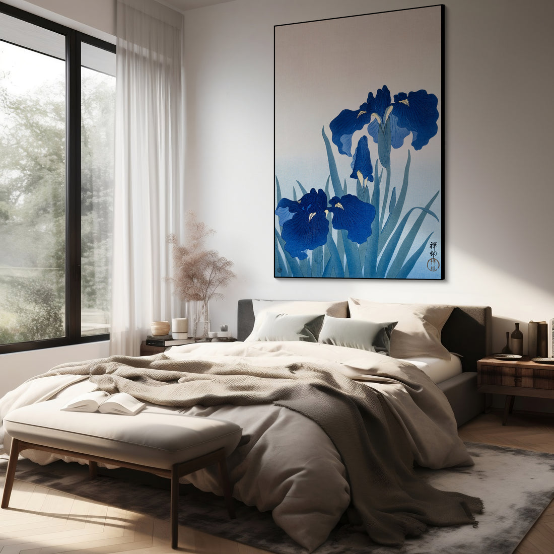 Akoestisch schilderij met Irissen – bloemen natuurfoto - Slaapkamer