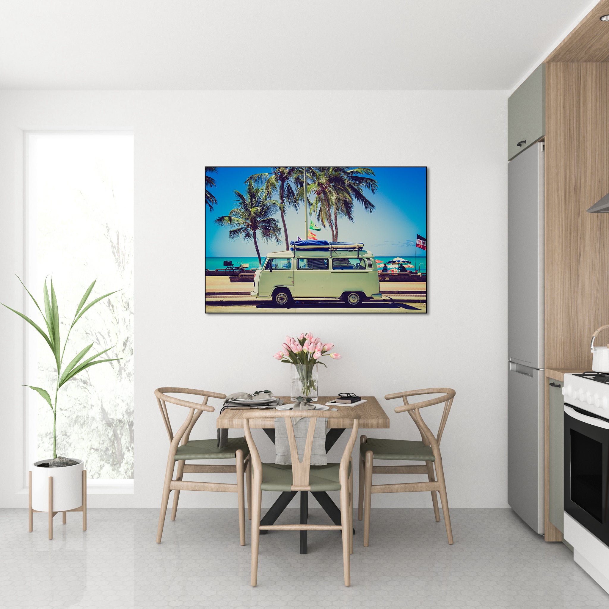 Akoestisch schilderij met Klassieke caravan voor het strand - vintage fotoprint - Keuken