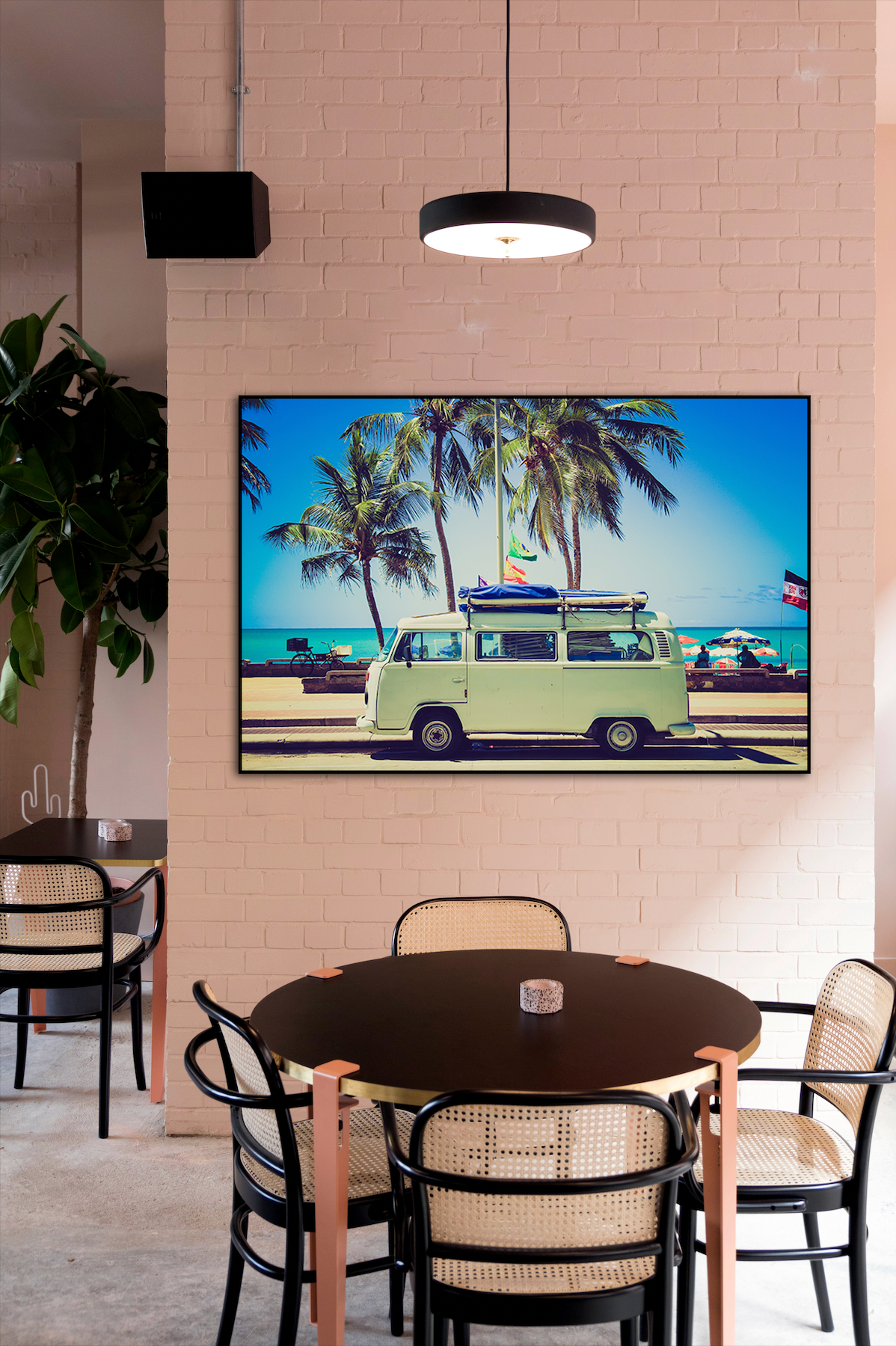 Akoestisch schilderij met Klassieke caravan voor het strand - vintage fotoprint - Keuken 2