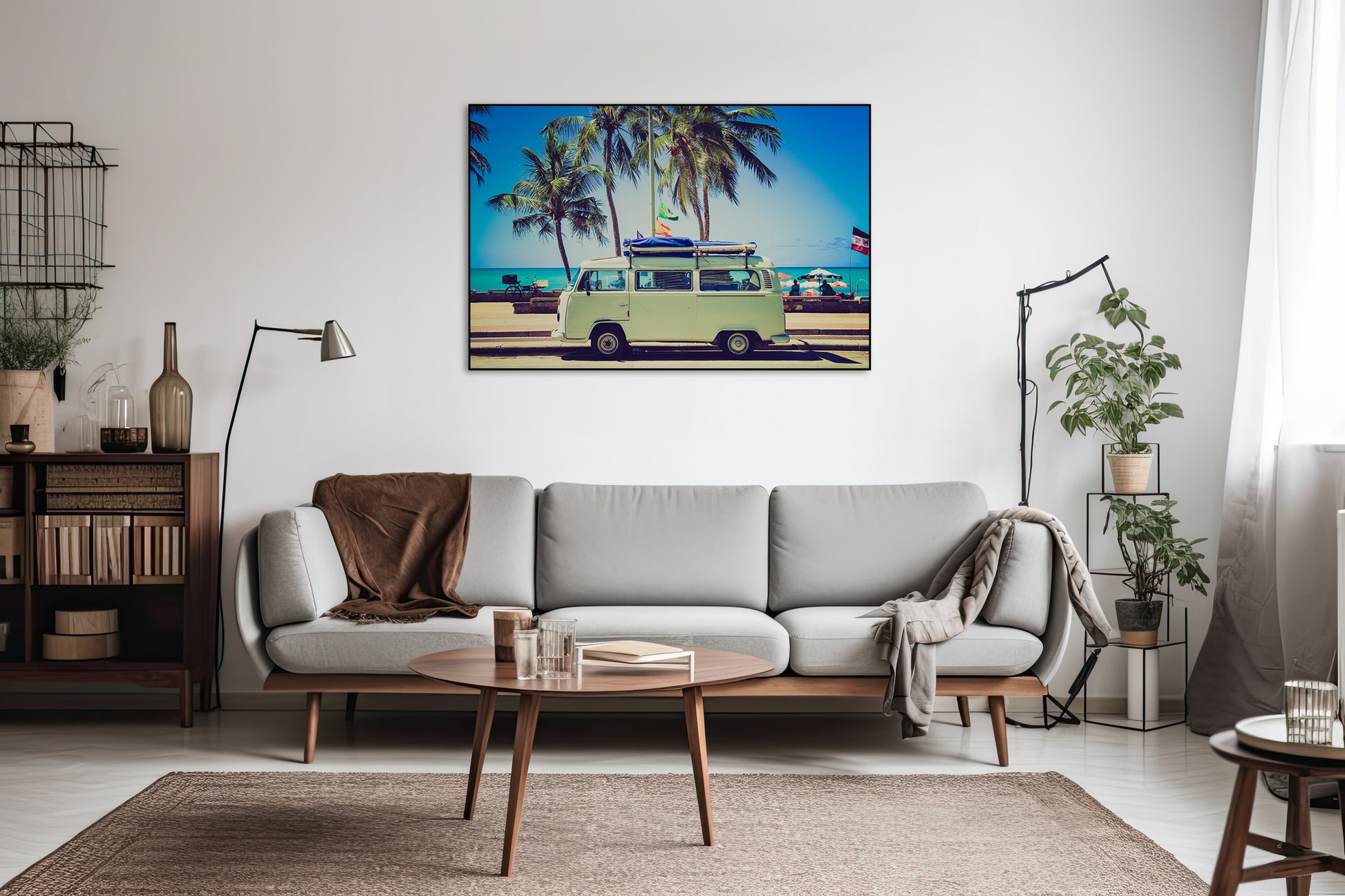 Akoestisch schilderij met Klassieke caravan voor het strand - vintage fotoprint - Woonkamer