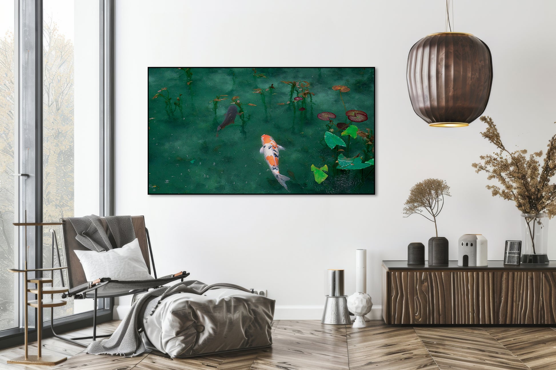 Akoestisch schilderij met Koi karpers in vijver – Japan - Woonkamer