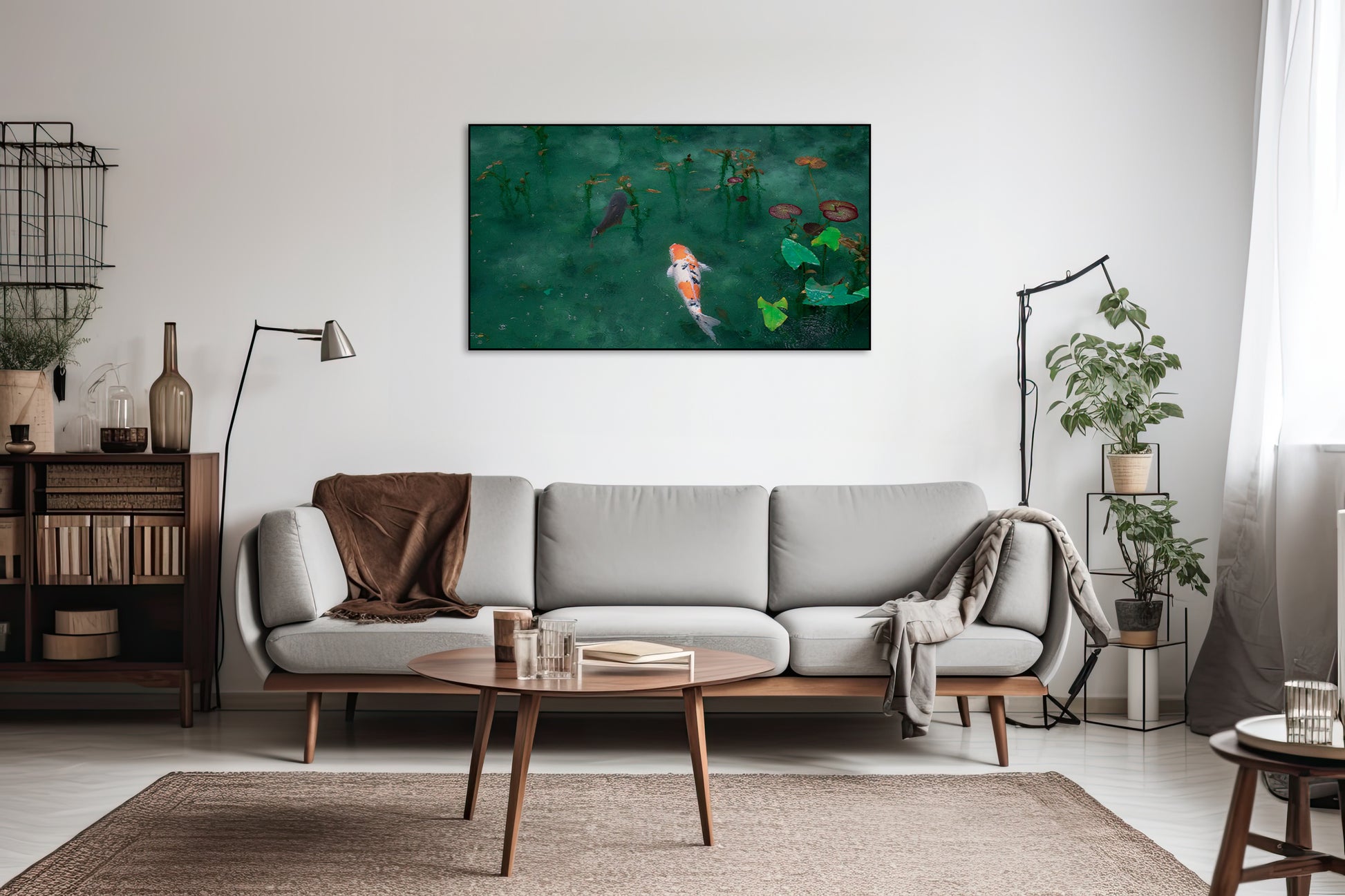 Akoestisch schilderij met Koi karpers in vijver – Japan - Woonkamer 2