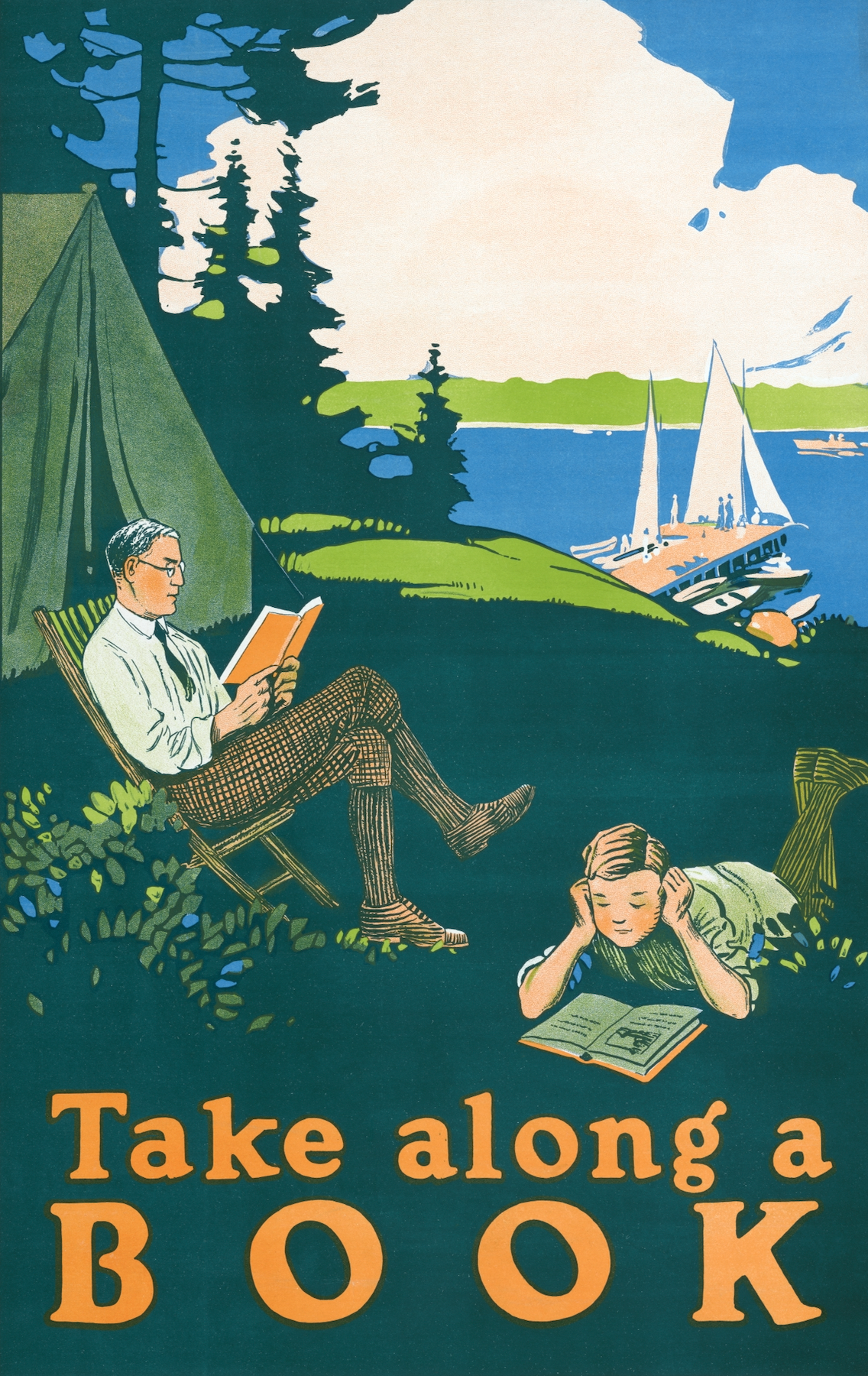 Akoestisch schilderij met Neem een Boek Mee - Campingposter (1910) - Magnus Norstad