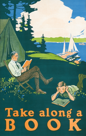 Akoestisch schilderij met Neem een Boek Mee - Campingposter (1910) - Magnus Norstad