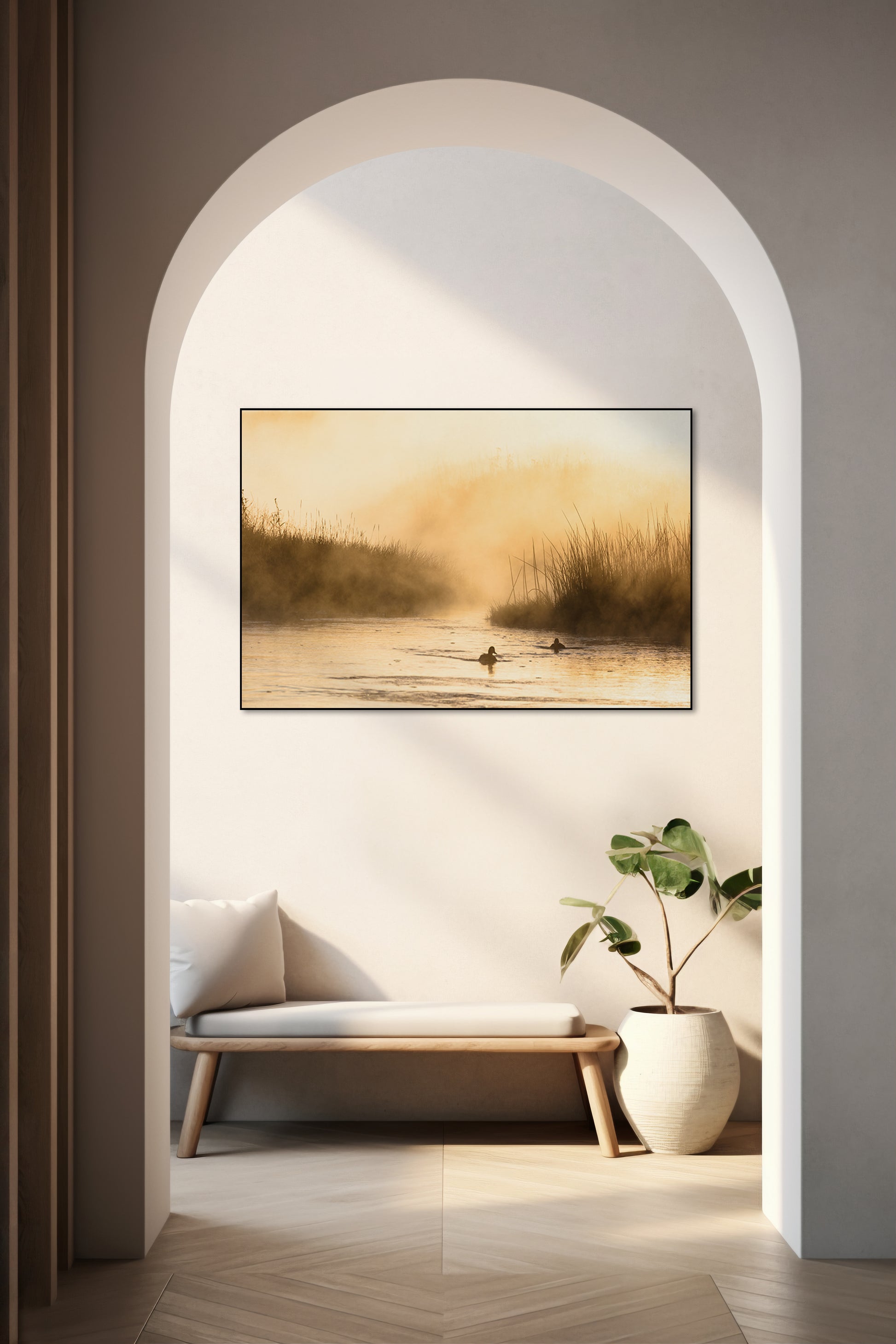 Akoestisch schilderij met Ochtendmist op de Madison rivier - Hal