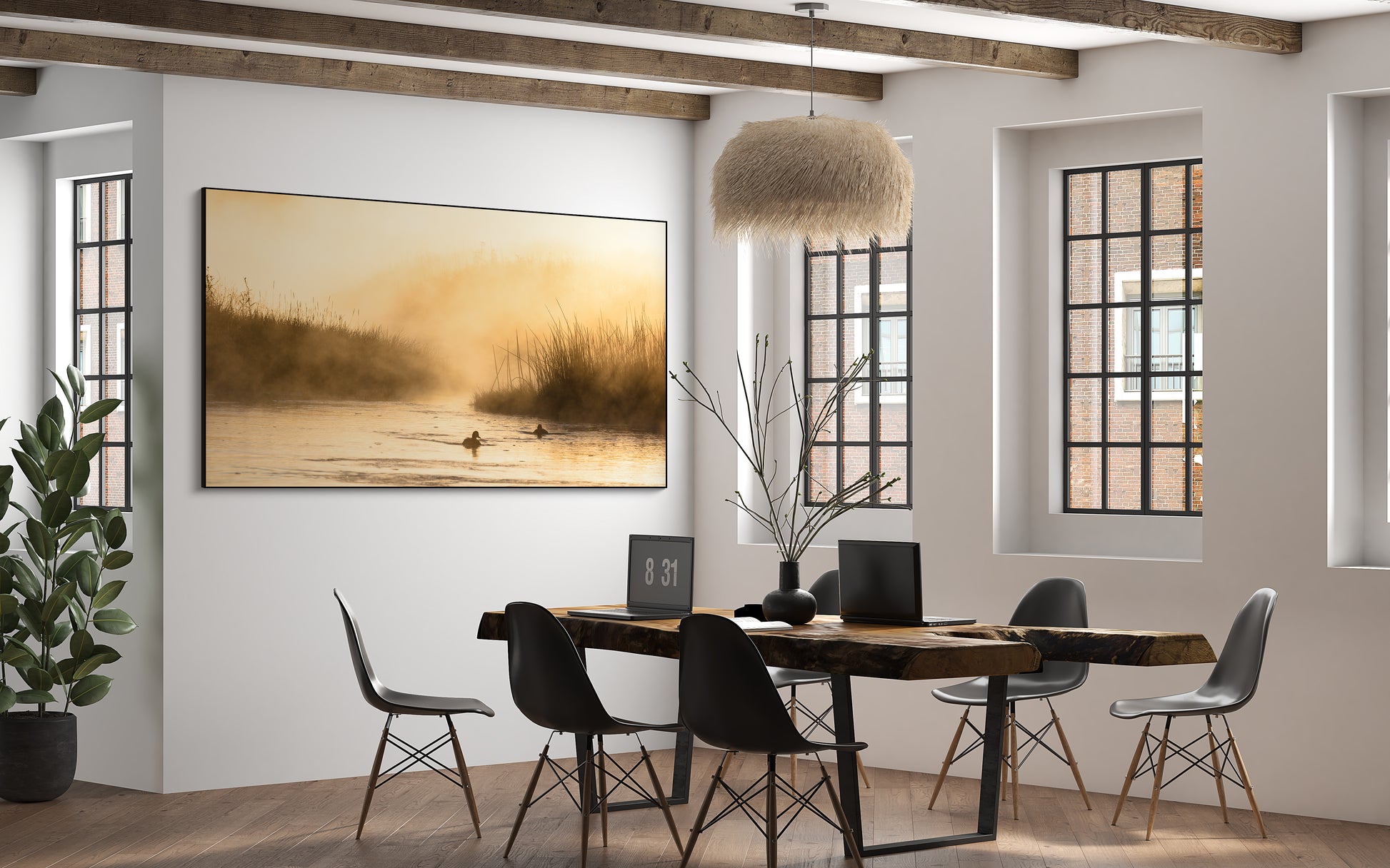 Akoestisch schilderij met Ochtendmist op de Madison rivier - Kantoor