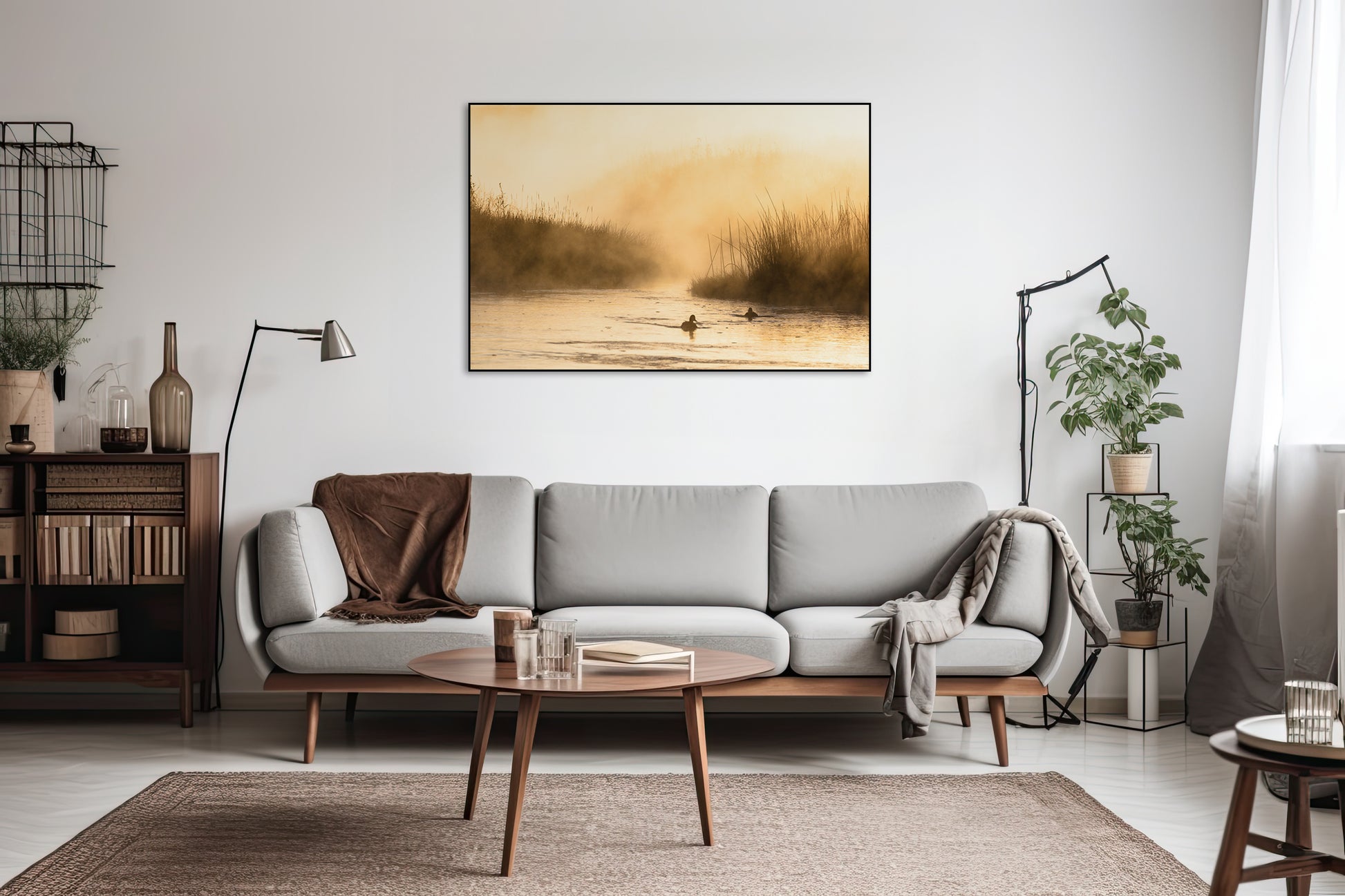 Akoestisch schilderij met Ochtendmist op de Madison rivier - Woonkamer 2