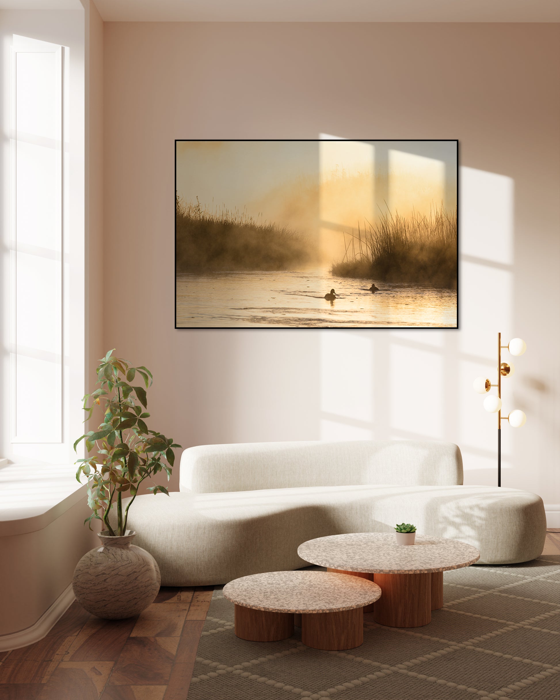 Akoestisch schilderij met Ochtendmist op de Madison rivier - Woonkamer 3