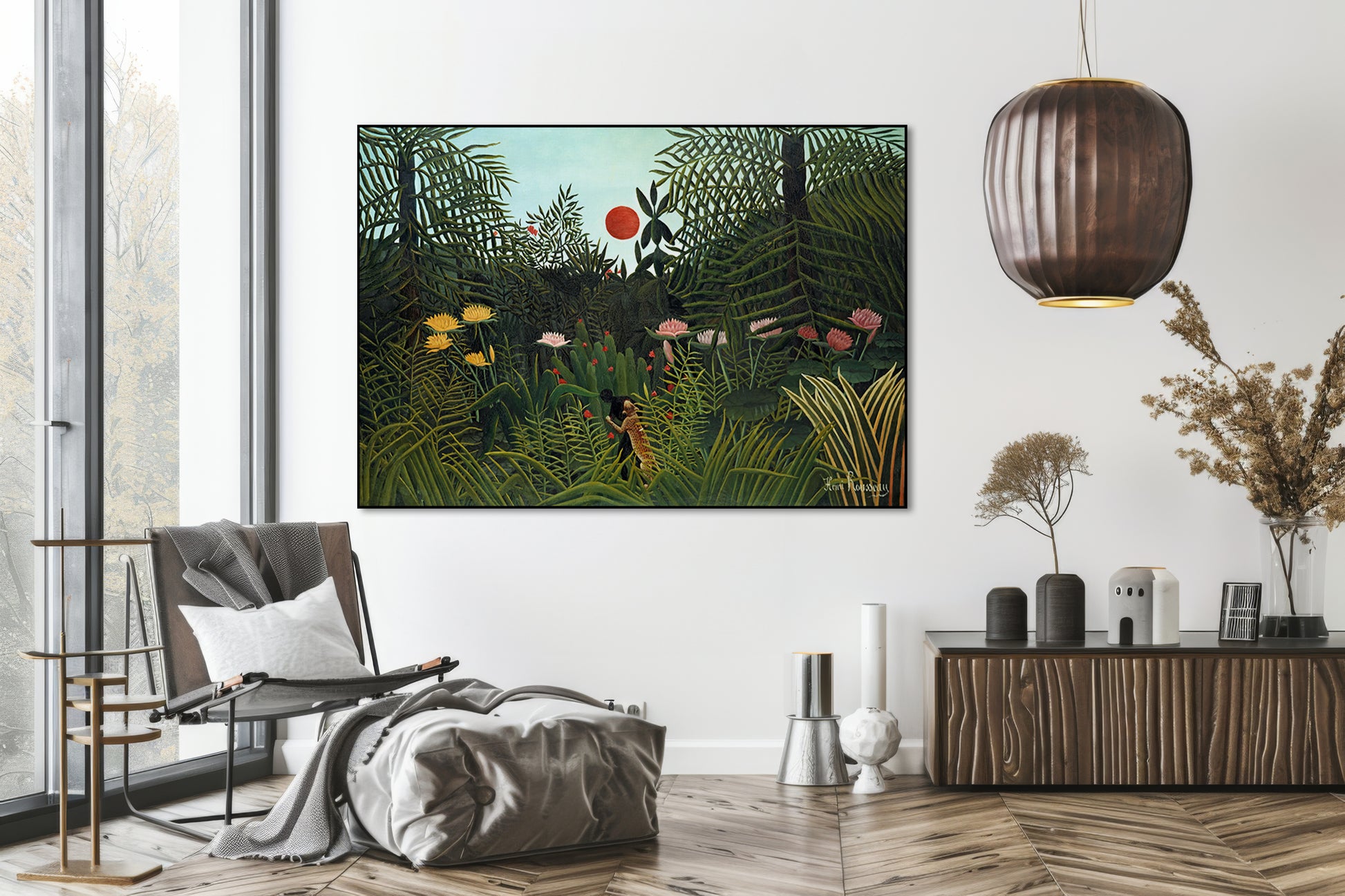 Akoestisch schilderij met Oerbos bij zonsondergang - Woonkamer