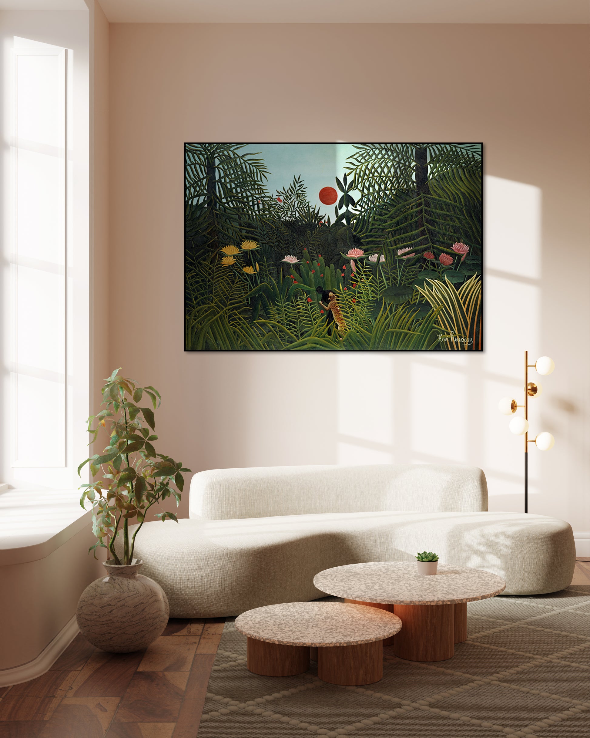Akoestisch schilderij met Oerbos bij zonsondergang - Woonkamer 2