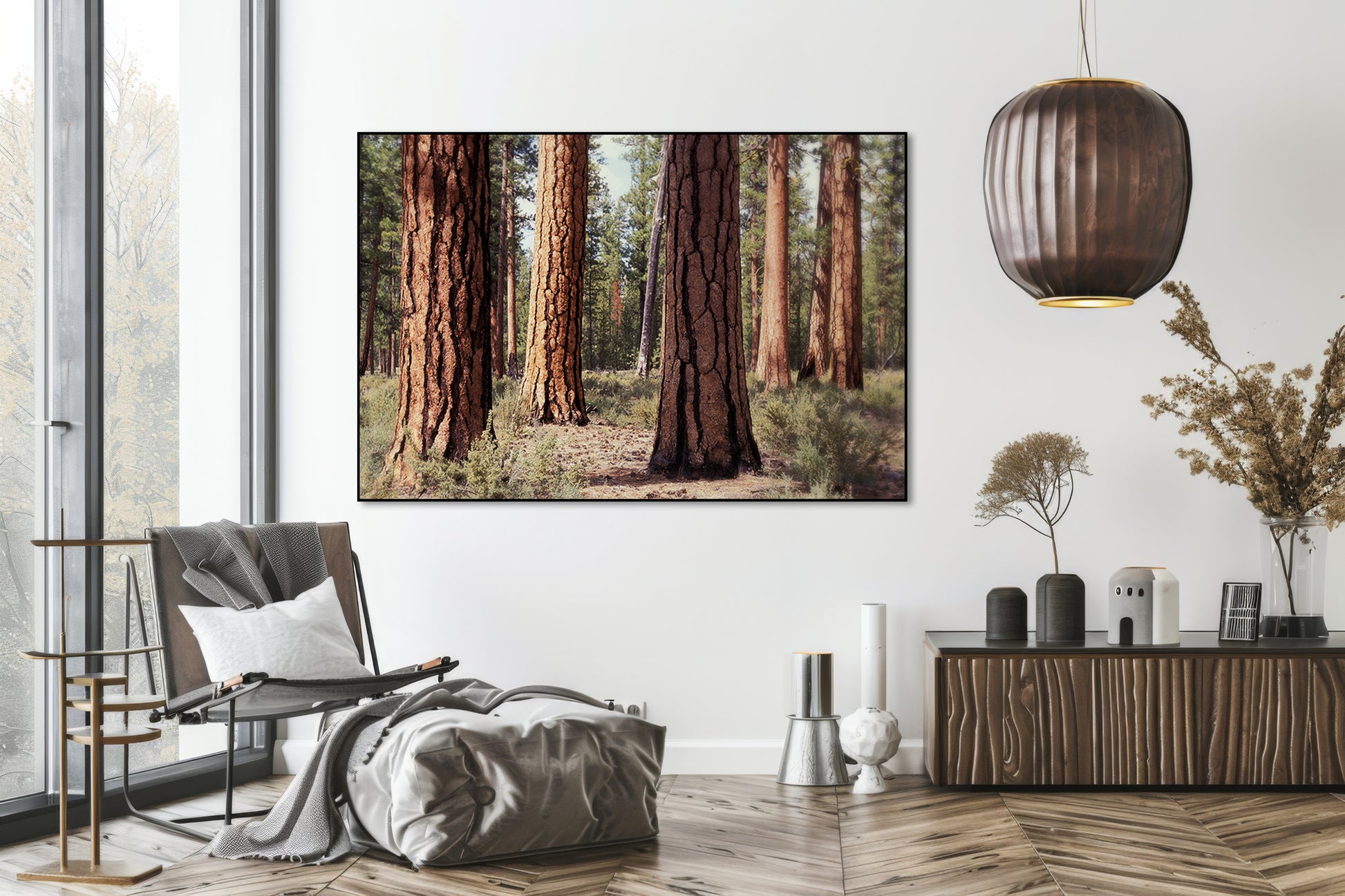Akoestisch schilderij met Oeroude dennen in Deschutes - Woonkamer