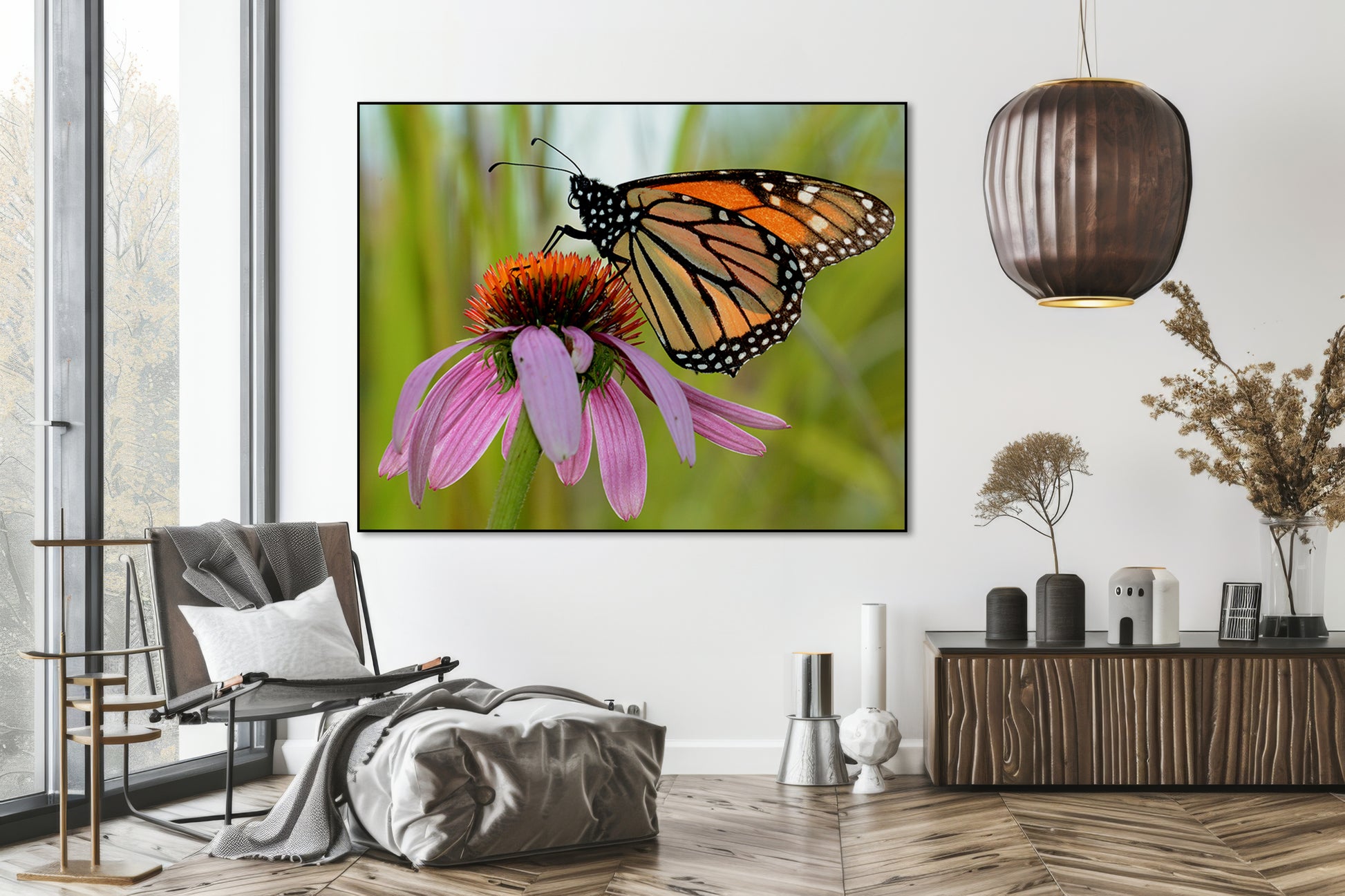 Akoestisch schilderij met Paarse zonnehoed – natuurfoto - Woonkamer 2