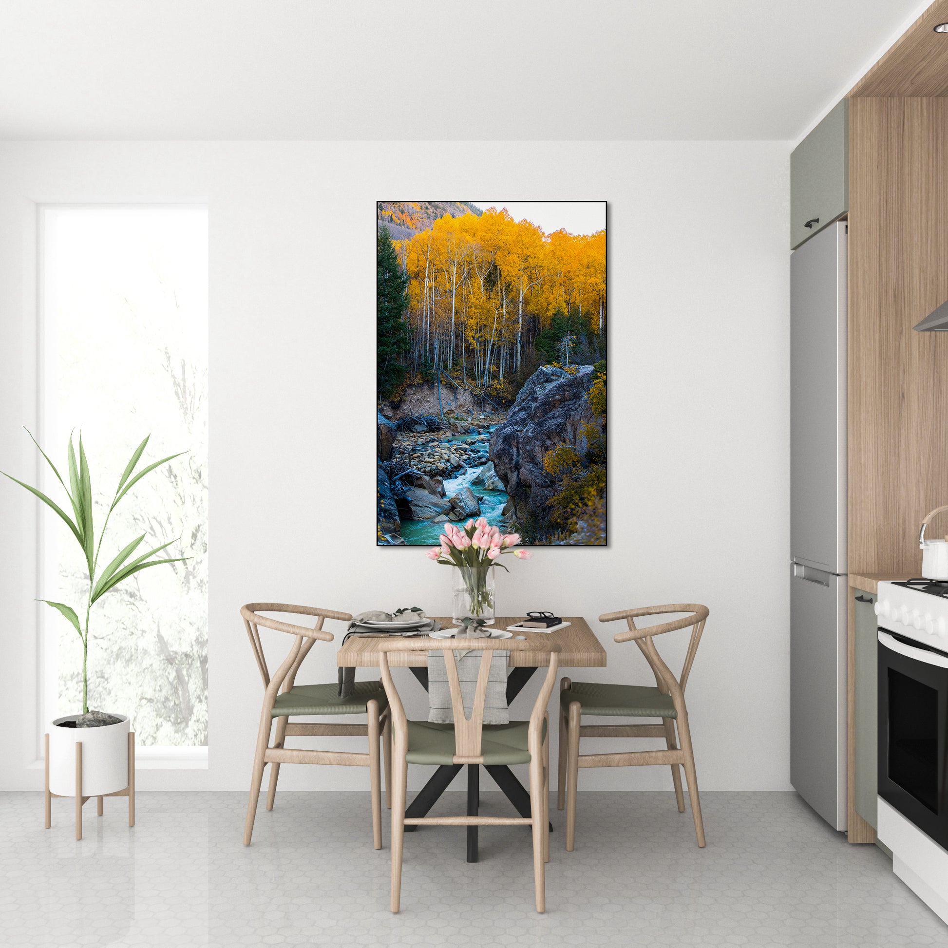 Akoestisch schilderij met Rivier met prachtige gele Bomen - Keuken