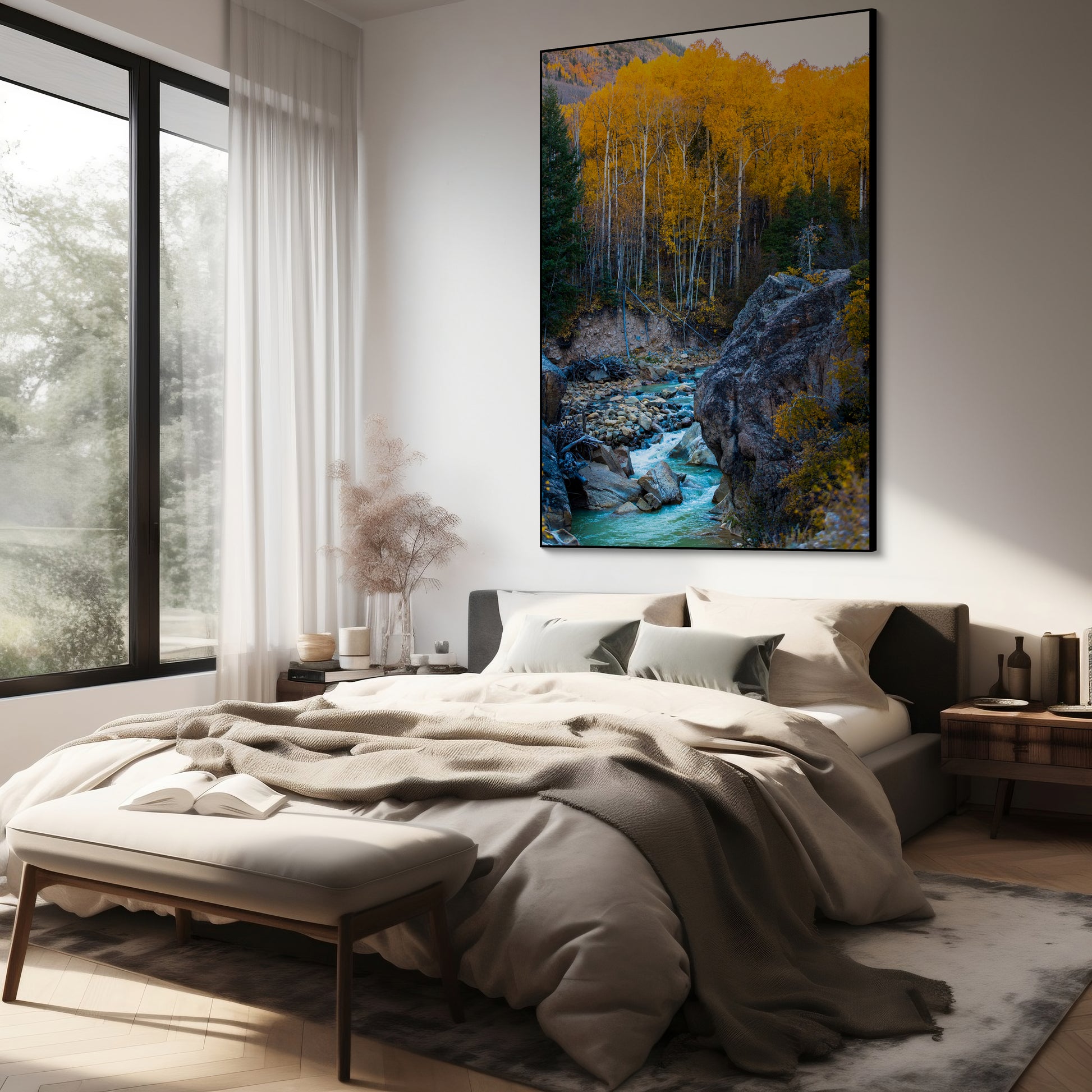 Akoestisch schilderij met Rivier met prachtige gele Bomen - Slaapkamer