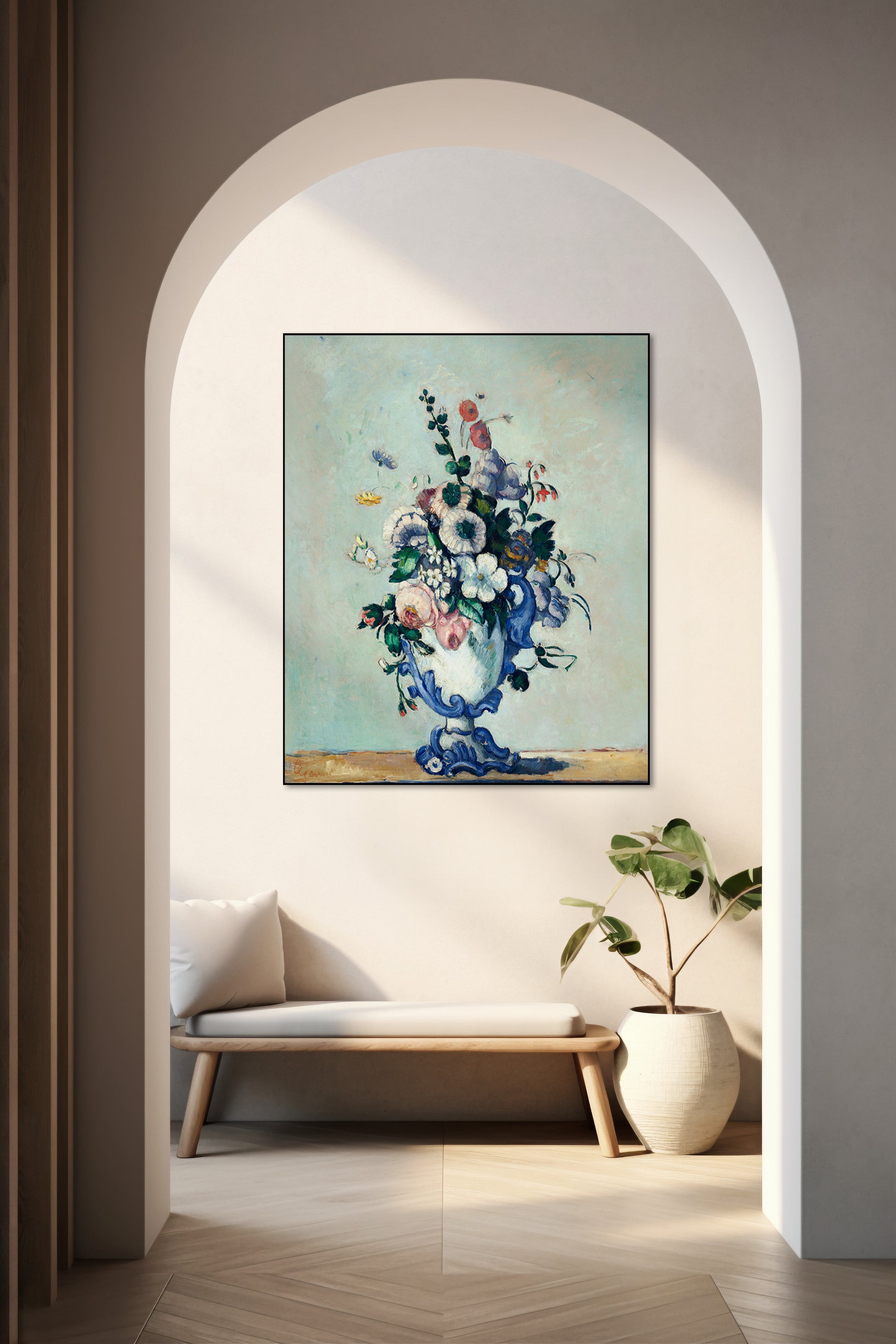 Akoestisch schilderij met Rococo Vaas met blauwe tinten - Hal