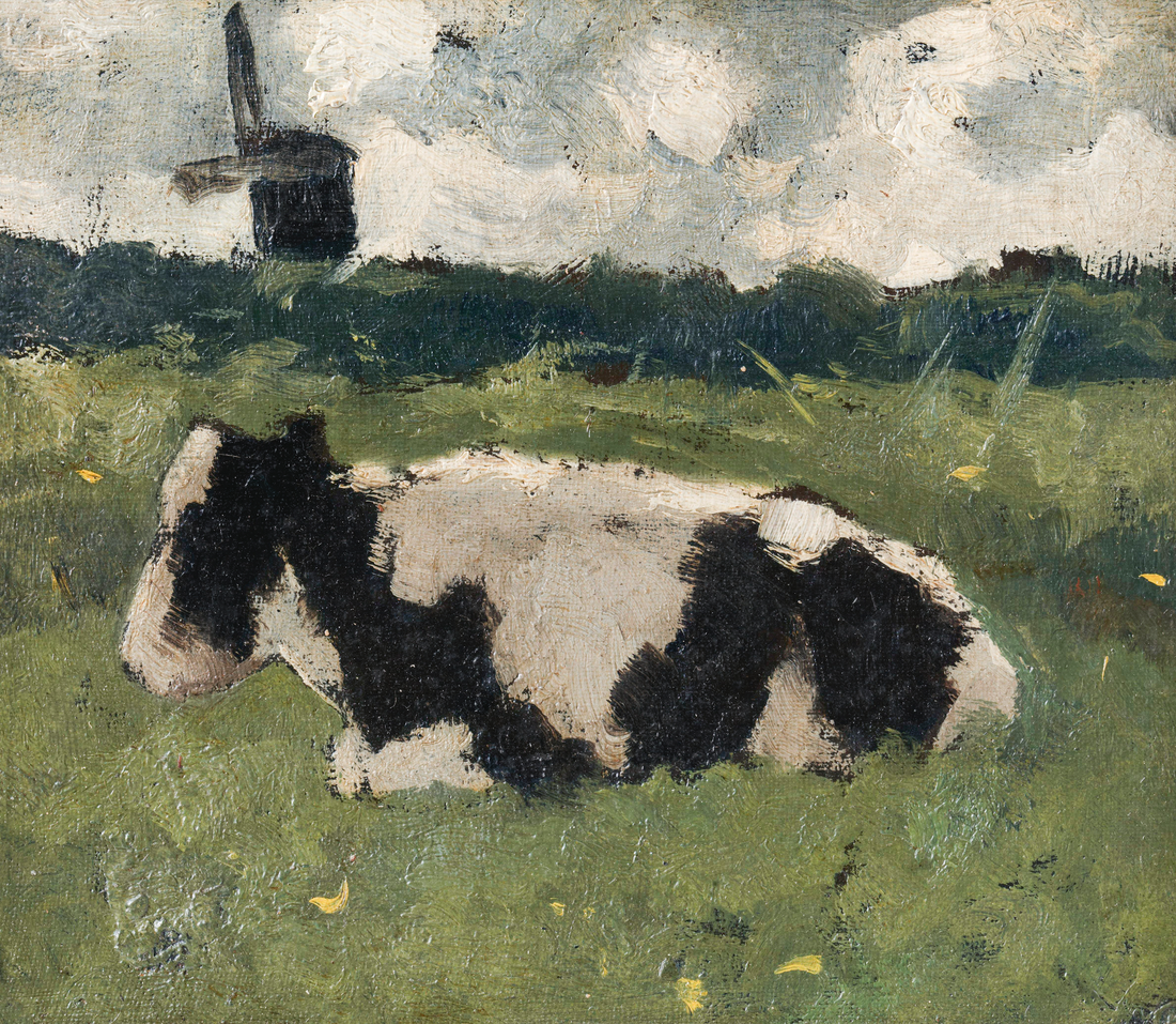 Akoestisch schilderij met Rustende Koe met een Molen (1888) - Richard Roland Holst