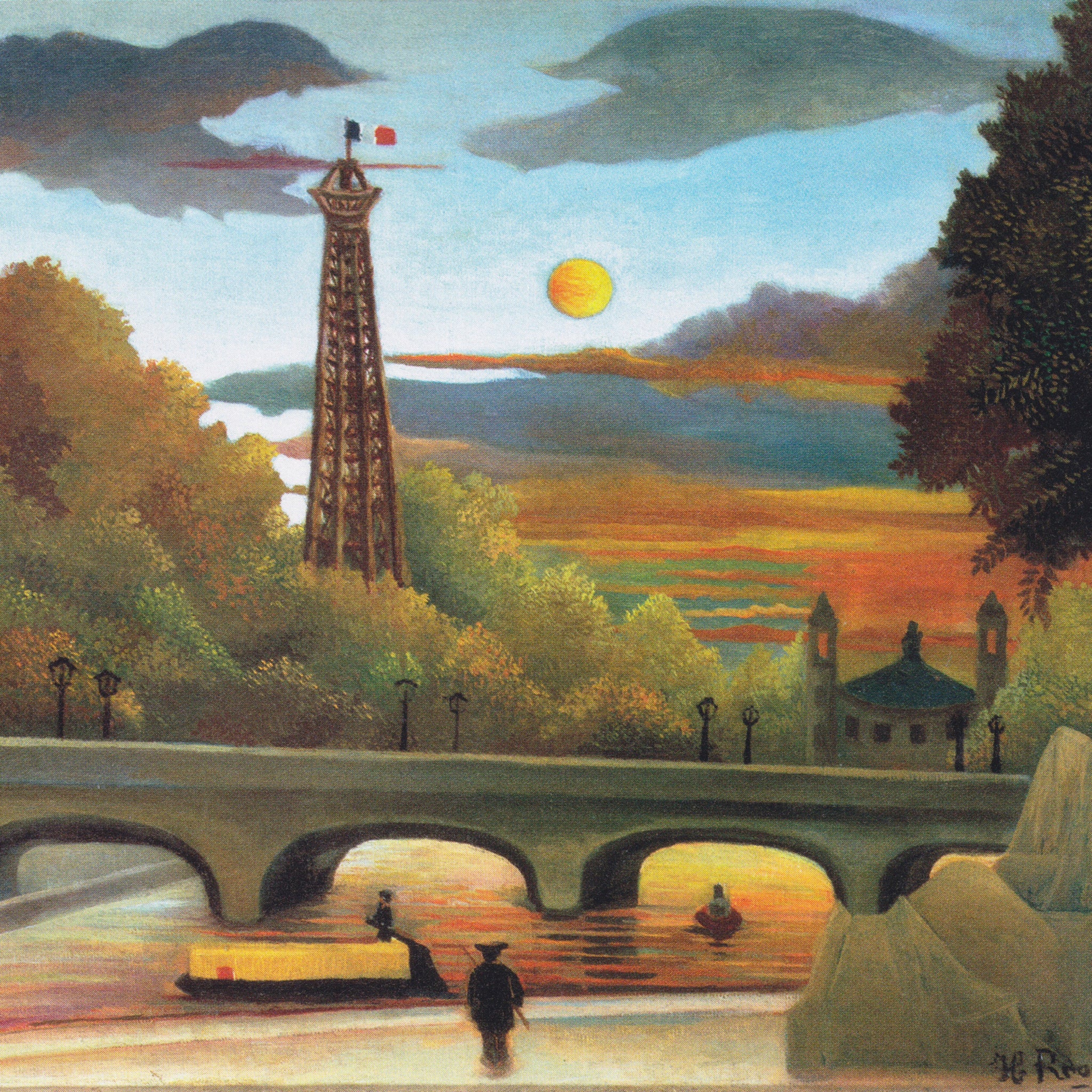 Akoestisch schilderij met Seine en Eiffeltoren bij Zonsondergang