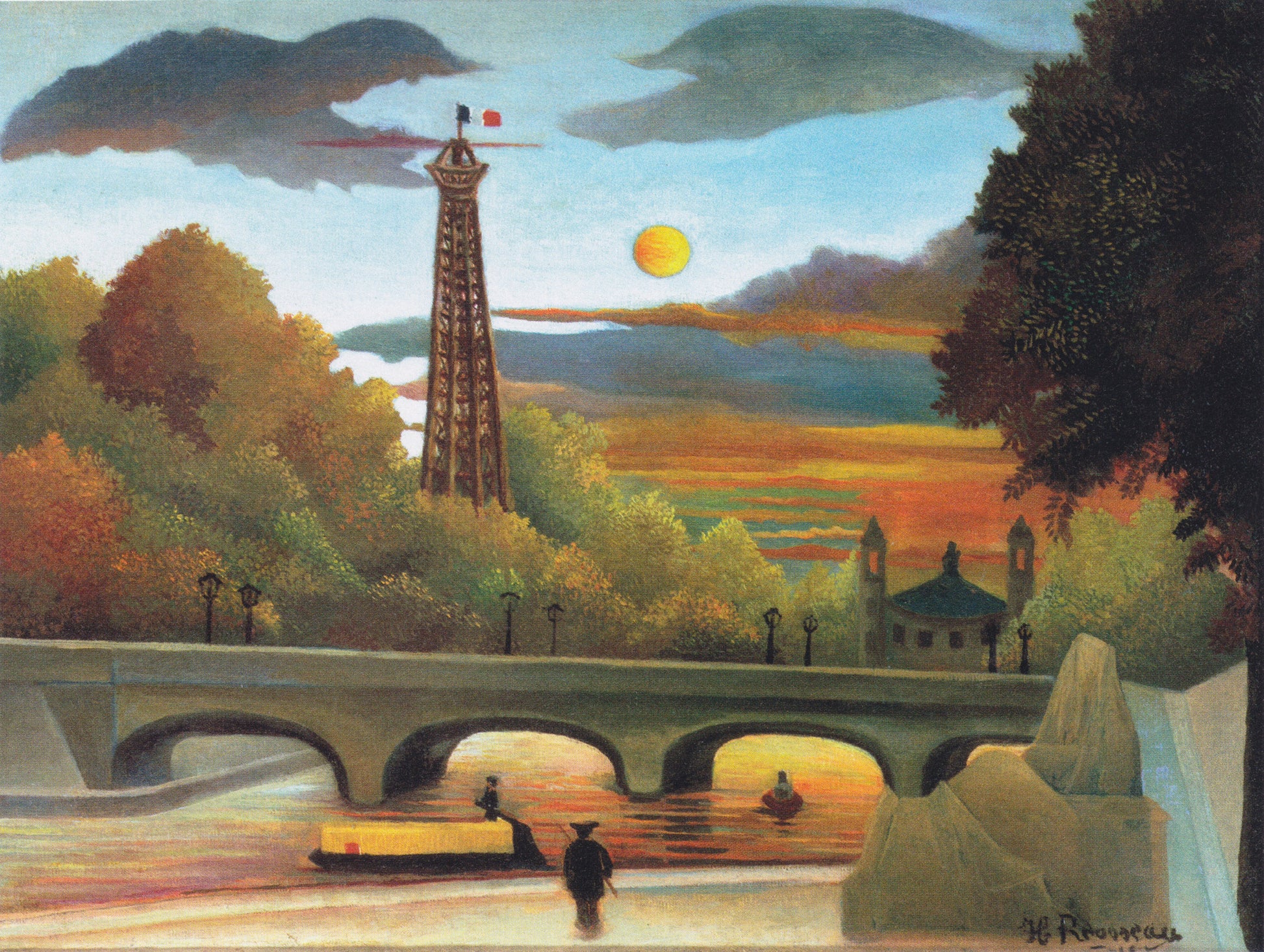 Akoestisch schilderij met Seine en Eiffeltoren bij Zonsondergang